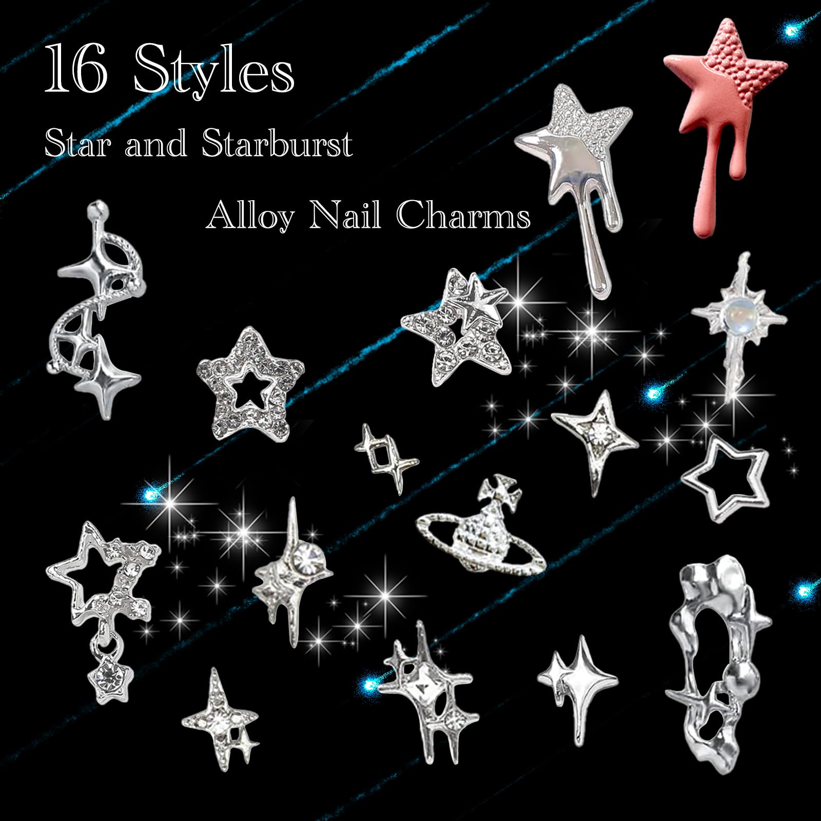 Xiyonali 124Pcs Star 3D Nail Charms For Acrylic Nails, Silver Nail Gems Alloy Starburst Nail Accessories, Nail Rhinestones For N