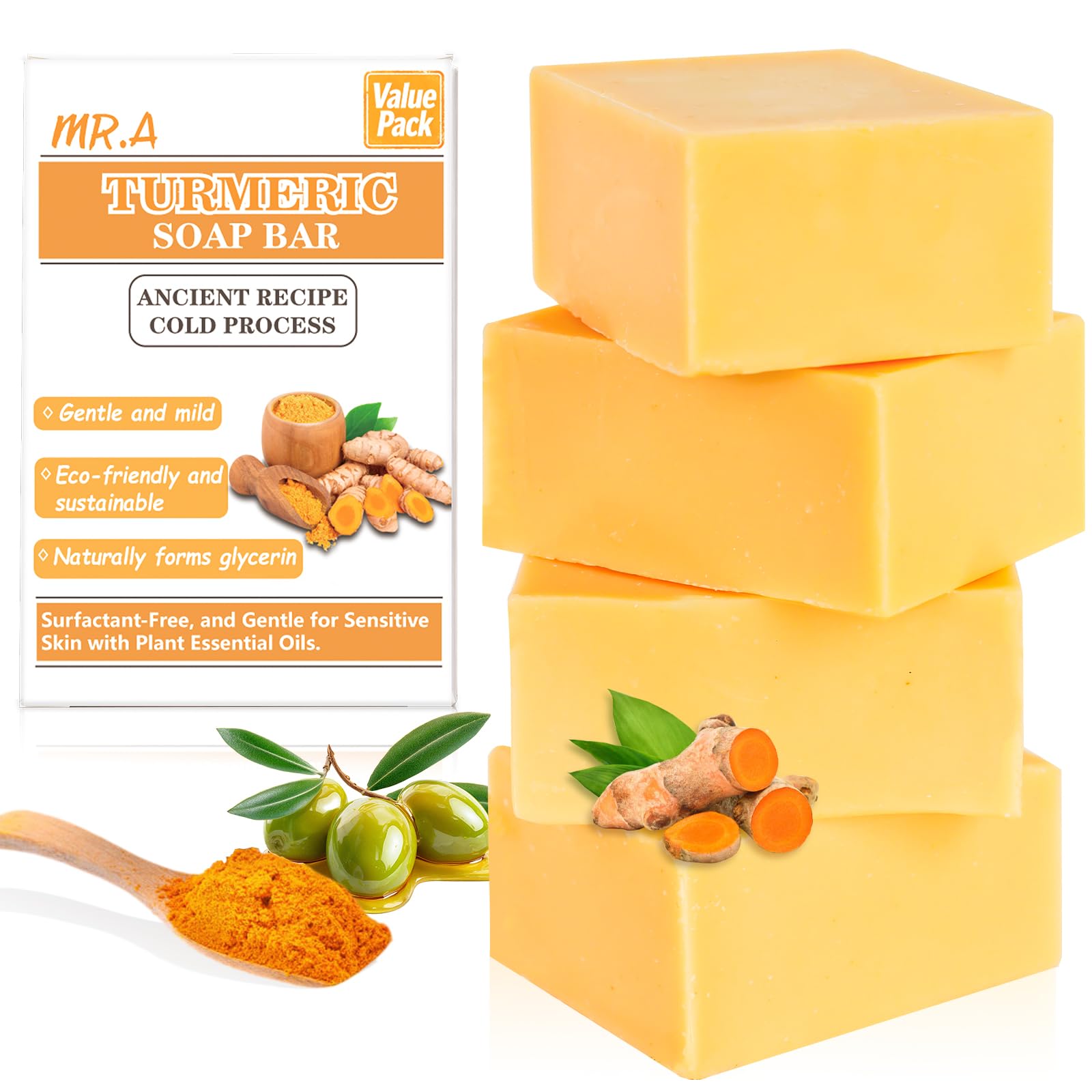 MR.A 4Packs Handmade Turmeric Soap Bar, Handmade Tumeric Soap for Face and Body, Turmeric bar Soap with Vitamin C, E for All Ski