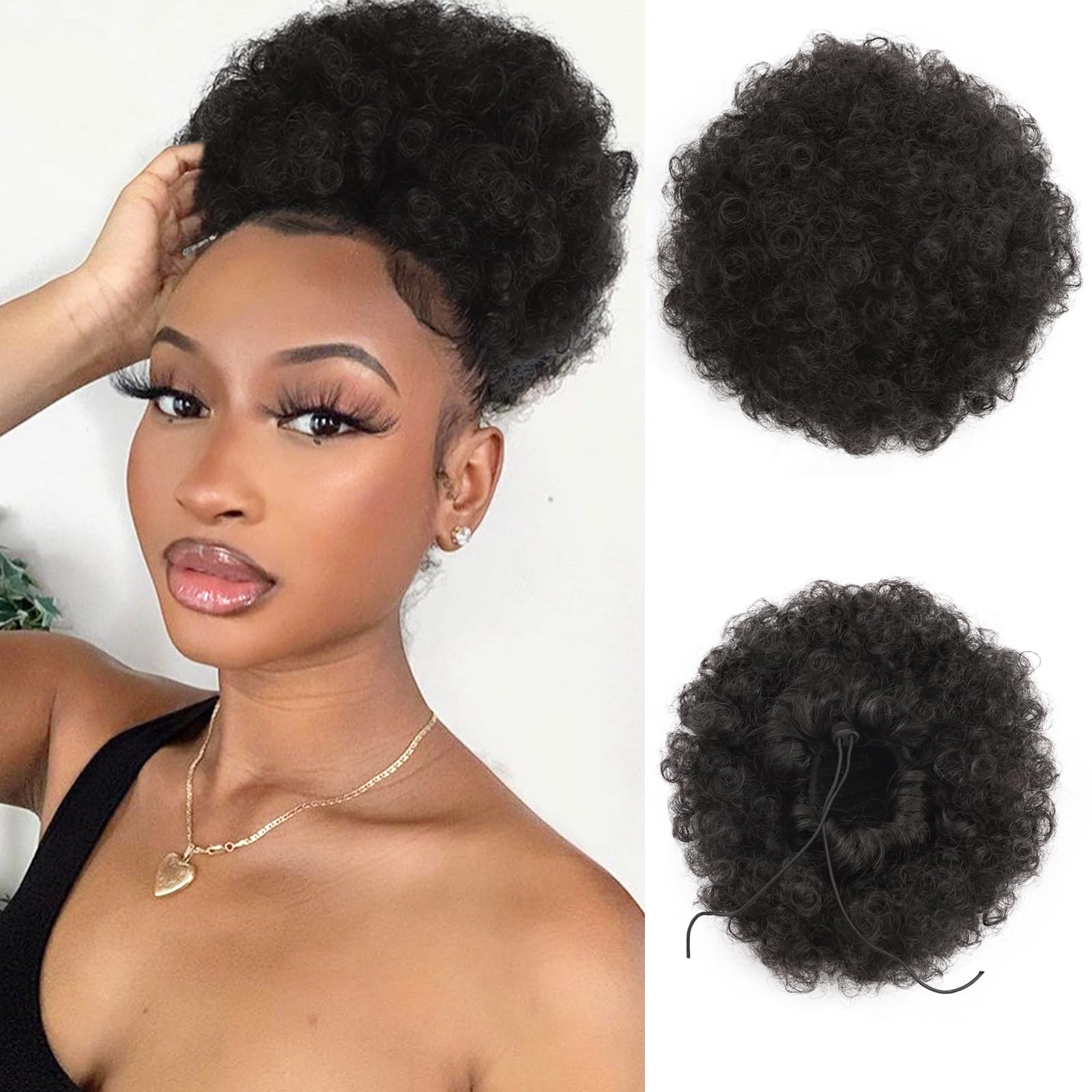 AISI QUEENS Afro Puff Drawstring Ponytail Kinky Coily Curly Ponytail Wig Clip in Piece for Black Women and Kids Synthetic (MEDIU