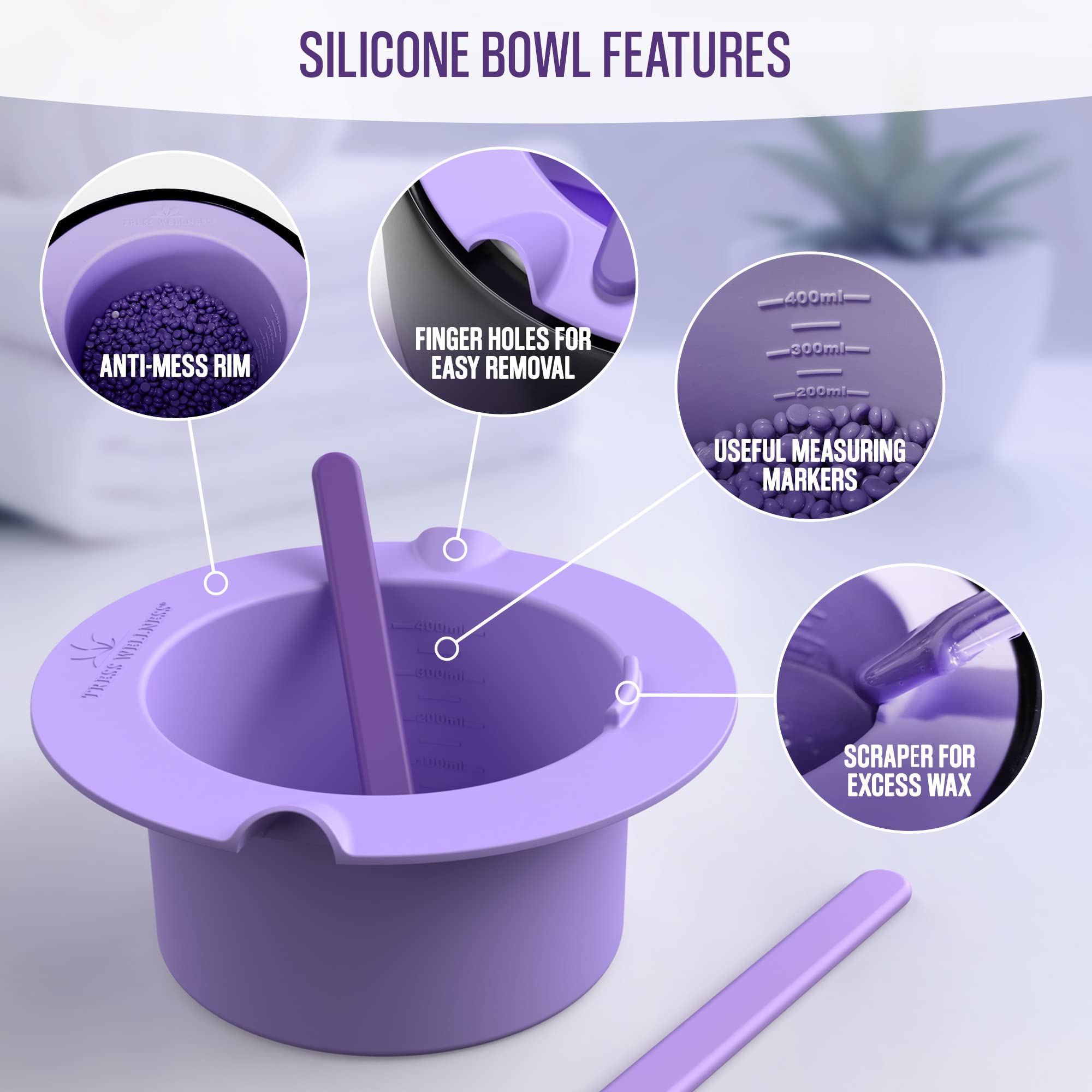 Tress Wellness Wax Warmer Silicone Liner (Purple) - Easy To Clean Silicone Wax Warmer Bowls With 2X Silicone Spatulas Compatible