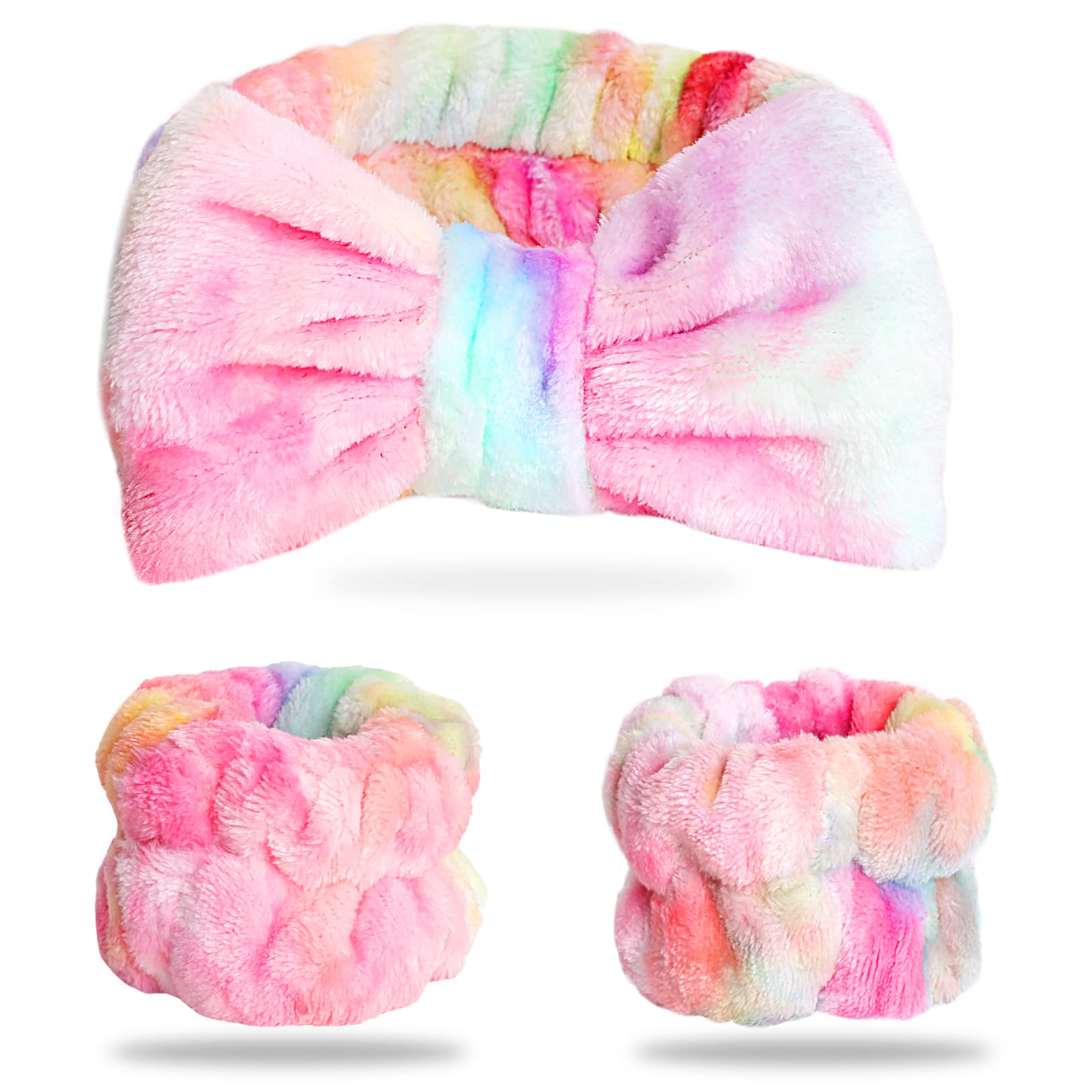 Wsyub Spa Headband And Wrist Bands, Makeup Headband And Wrist Towels For Washing Face, Fuzzy Bow Headbands, Soft Facial Head Ban