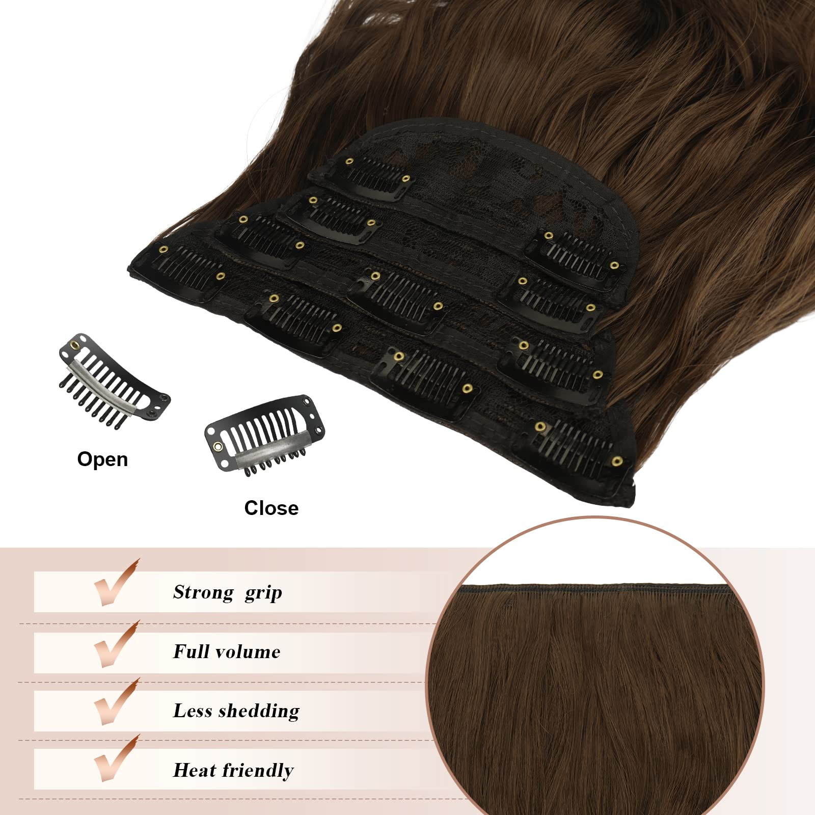 FESHFEN Clip in Hair Extensions - 4 PCS Long Wavy Thick Clip in Hairpieces Full Head Synthetic Hair Extension for Women, Chestnu