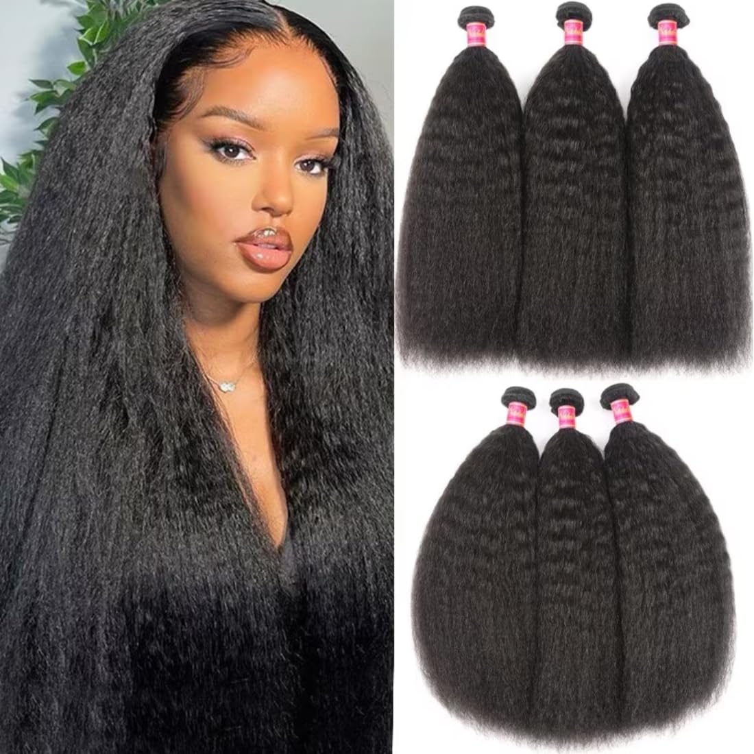 UNice Yaki Kinky Straight Human Hair Weave 3 Bundles 100% Unprocessed Mongolian Virgin Human Hair Weft Sew in Human Hair Extensi