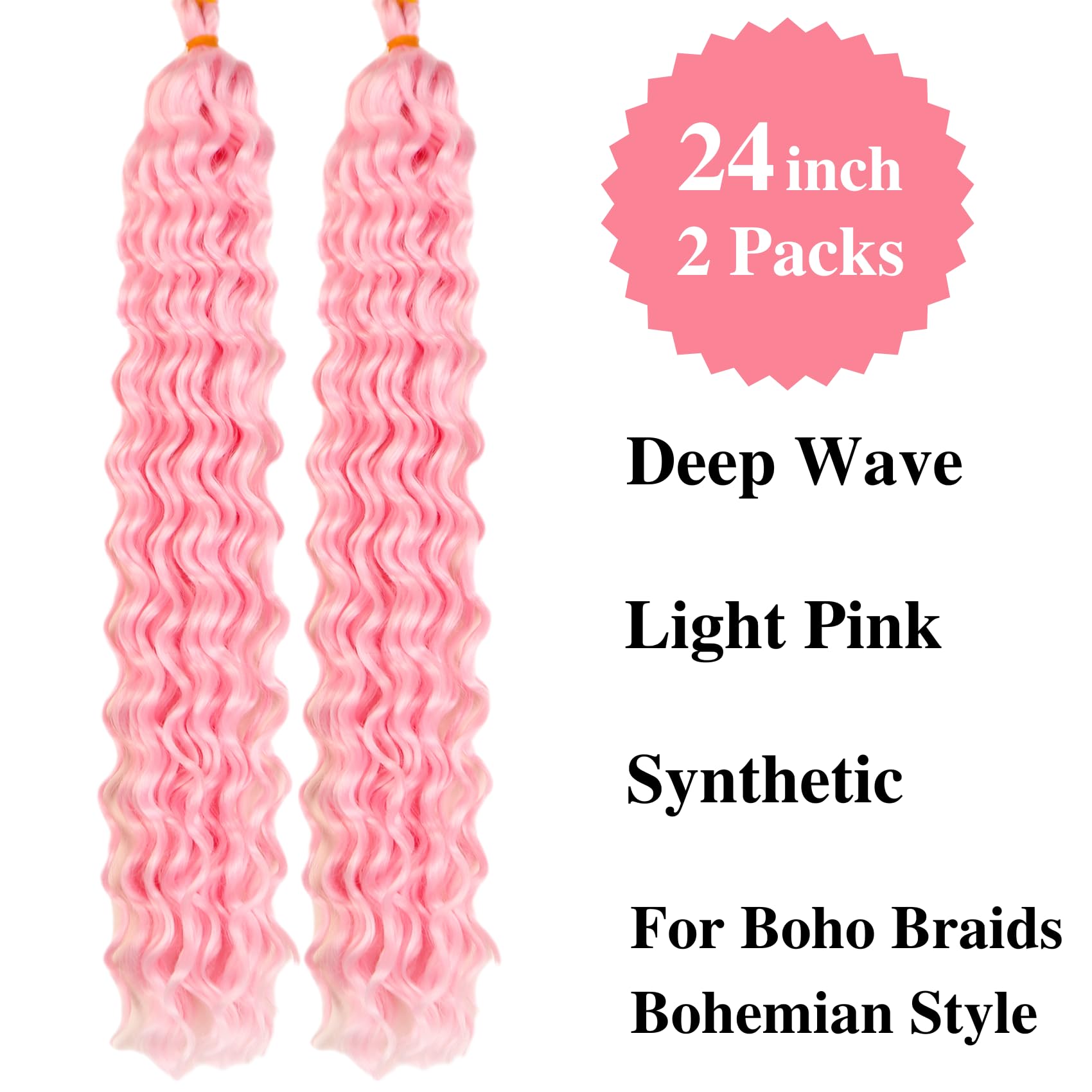 Gozill Light Pink Curly Braiding Hair, Deep Wave, 24 Inch, Synthetic, 2 Pack