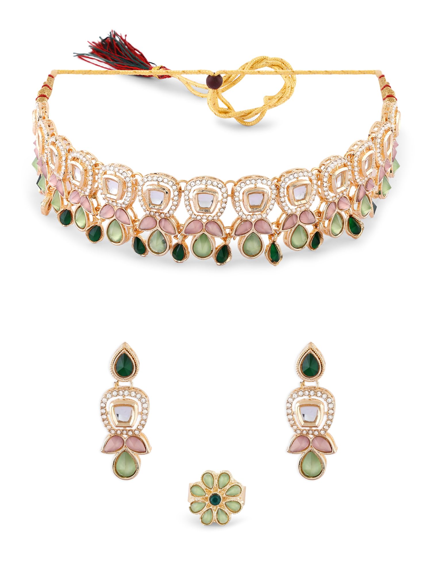 Zaveri Pearls Green Pink Stones Austrian Diamonds Embellished Choker Necklace Earring & Ring Set For WomenZpfk17672