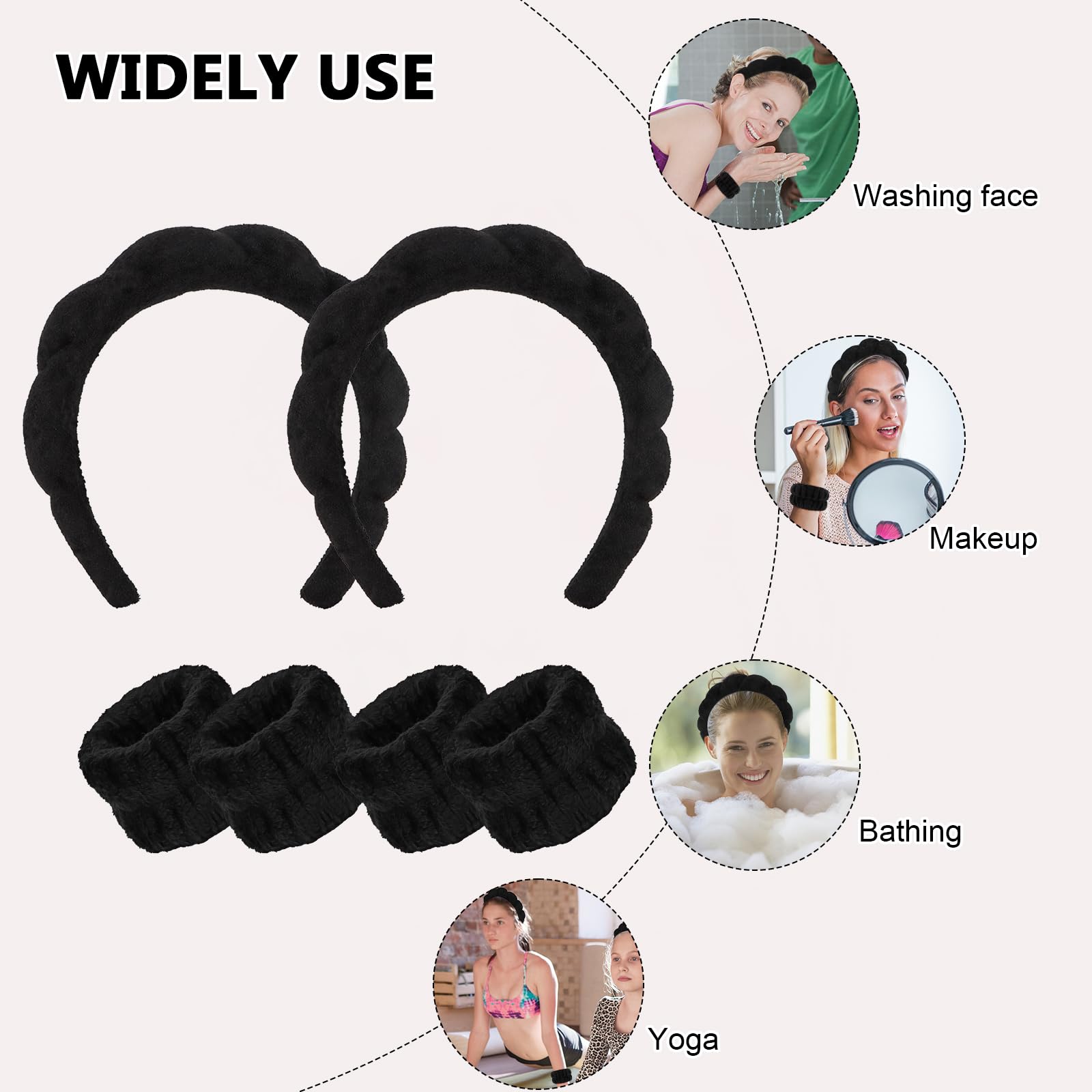 WHAVEL 6PCS Spa Headband and Wristband Set, Makeup Headband Puffy Skincare Headband Face Wash Headband for Washing Face Preppy S