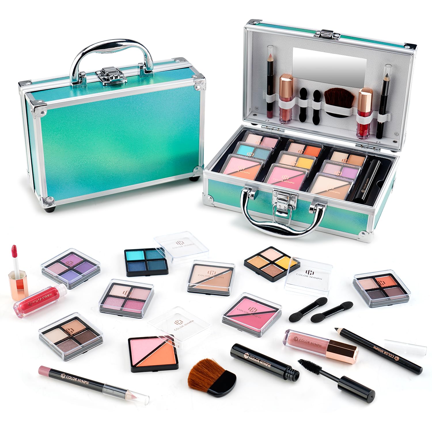 Color Nymph Beginner Makeup Kit For Teens With The Small Cosmetic Train Case Included 24-Colors Eyeshadow Palette Blushes Bronze