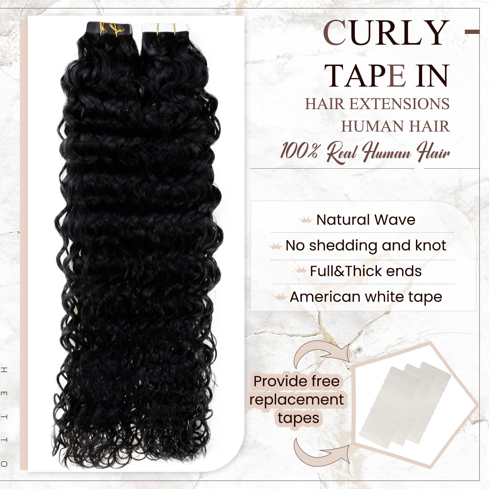 Hetto Curly Tape In Hair Extensions Human Hiar Tape In Extensions Black Tape In Human Hair Extensions Natural Wavy 50G 14Inch 20
