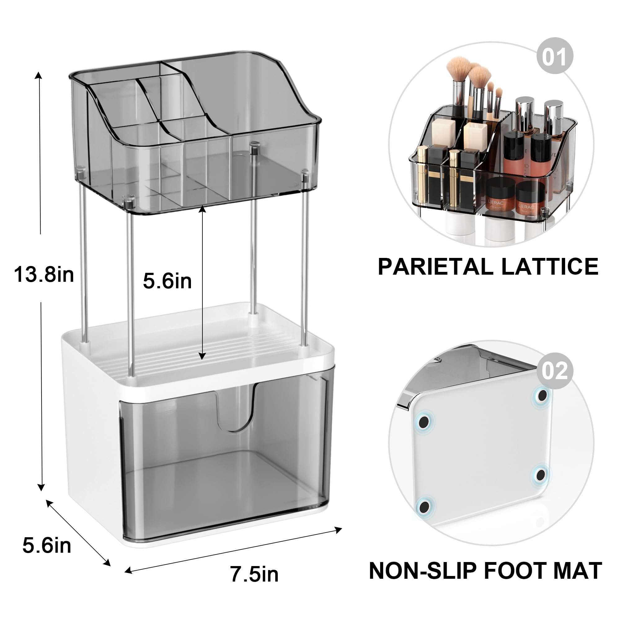 Doadw 3 Tier Makeup Organizer Countertop With Drawer - Bathroom Makeup Organizer Countertop - Small Multi-Purpose Skin Care Orga