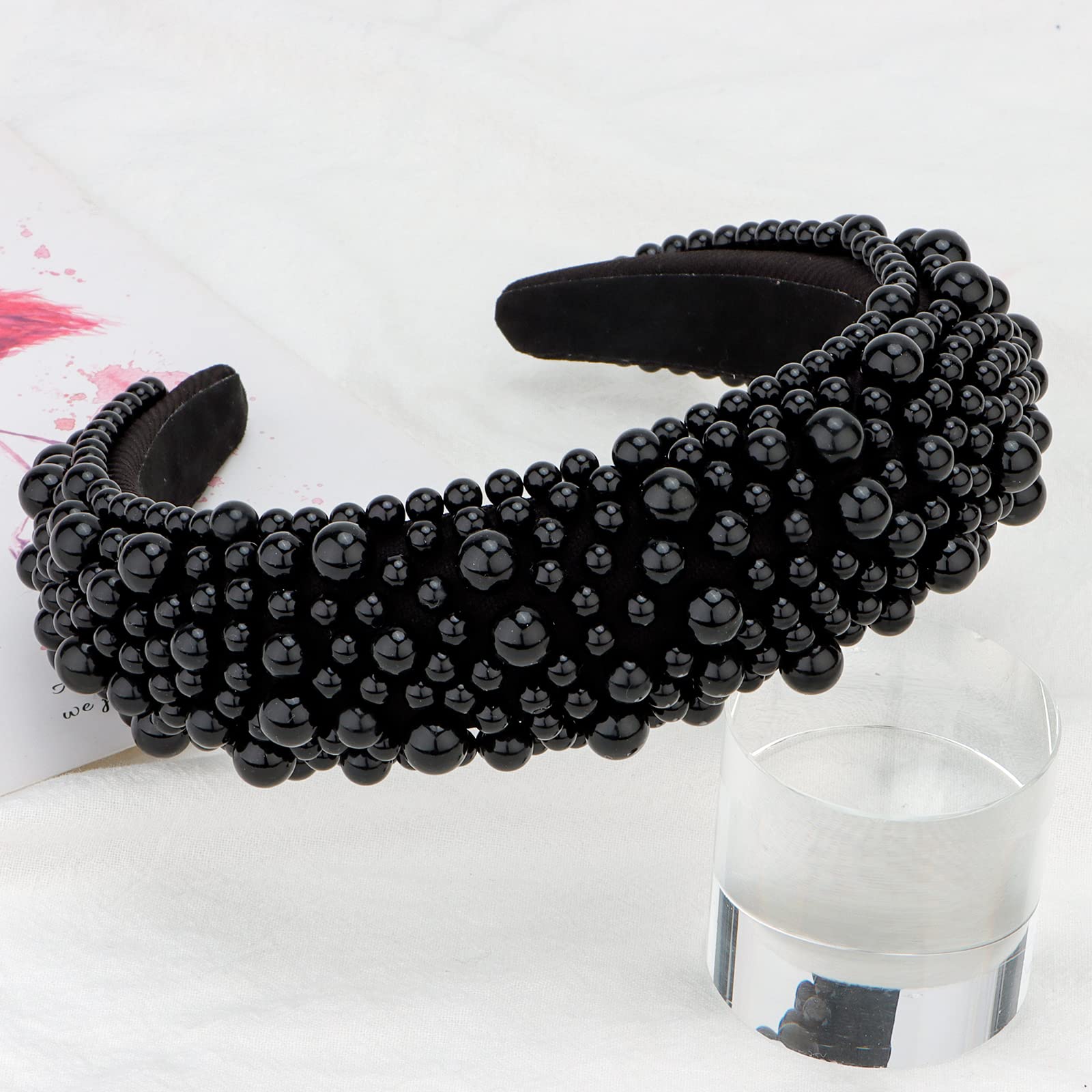 Hapdoo Black Pearl Headbands for Women Girls, Cute Puffy Padded Headband with Faux Pearl for Wedding Bride Fashion, Wide Thick B