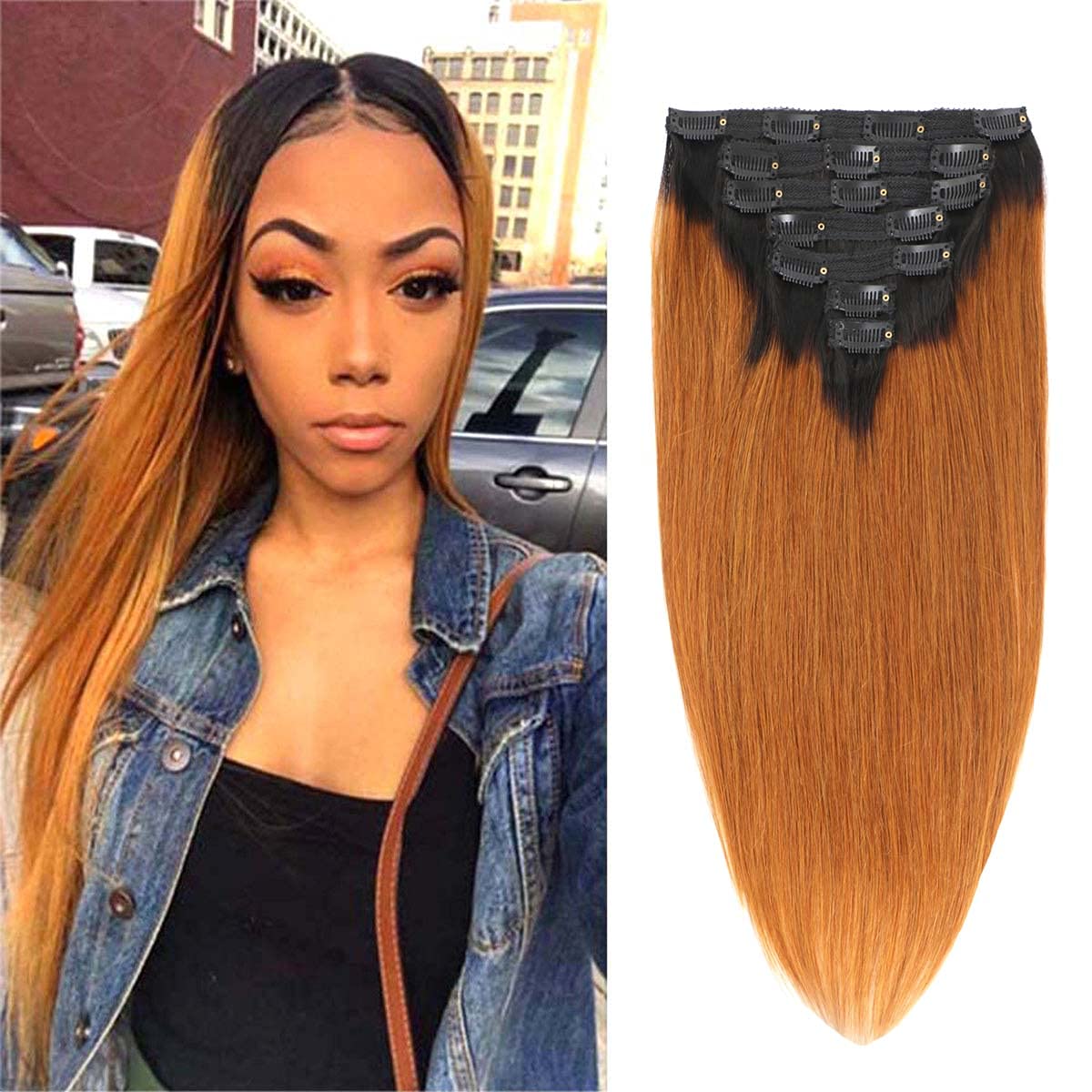 Adette 22 Inches 10A Grade Ombre Brown Clip in Hair Extension Human Hair for Black Women Straight Clip Ins Extension Real Remy B