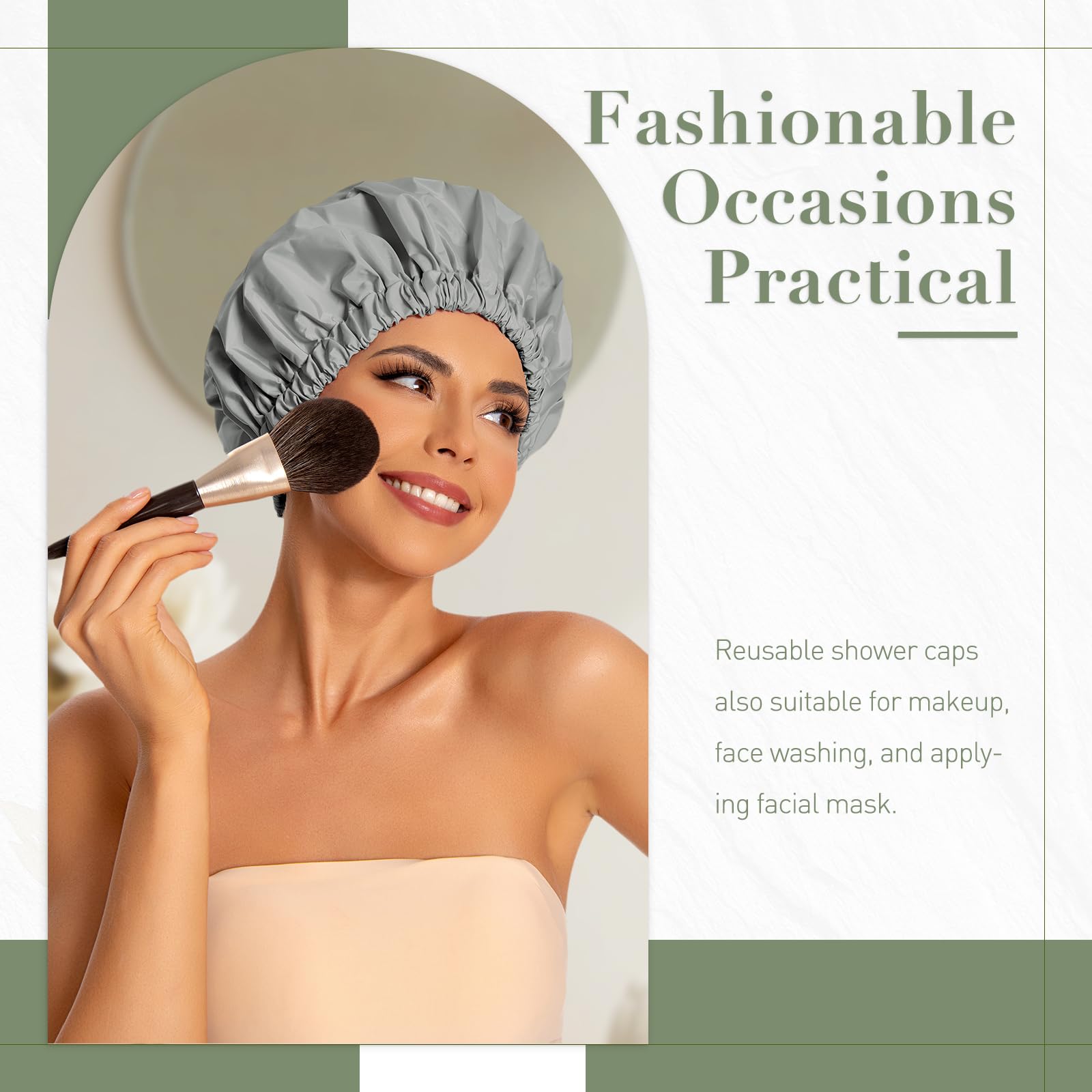 Reusable Shower Cap For Women, Large Waterproof Shower Bonnet Washable Elastic Band Bath Hair Hat For Long Hair, Braids(Dark Gre