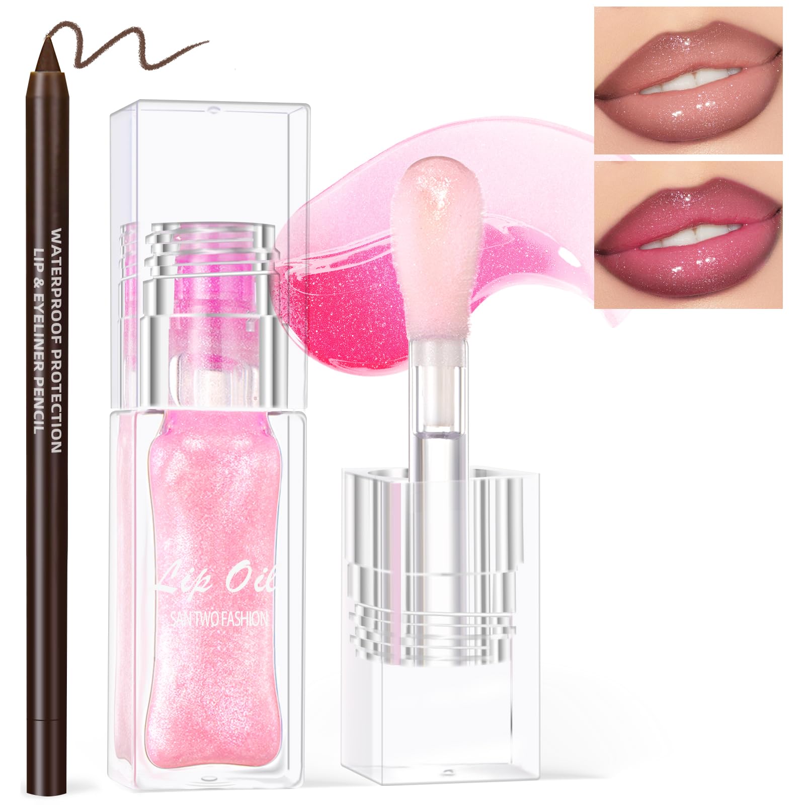 HOSAILY Magic Color Changing Lip Oil with Brown Lip Liner,Big Brush Head Hydrating Non-Sticky Moisturizing Lightweight Pink Glit