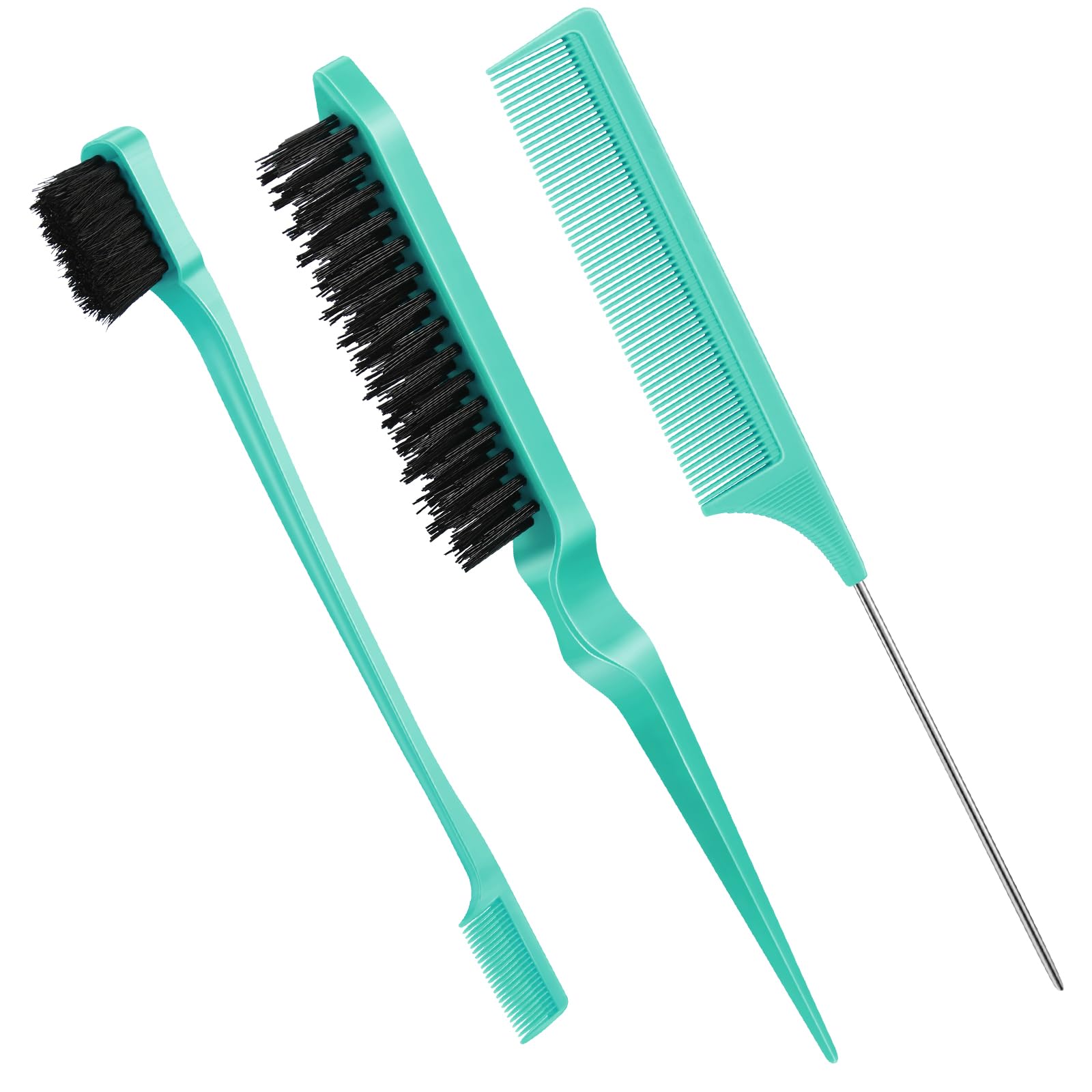 Geiserailie 3 Pcs Slick Back Hair Brush Set Bristle Brush Edge Control Teasing Comb for Women Black Hair(Cyan)