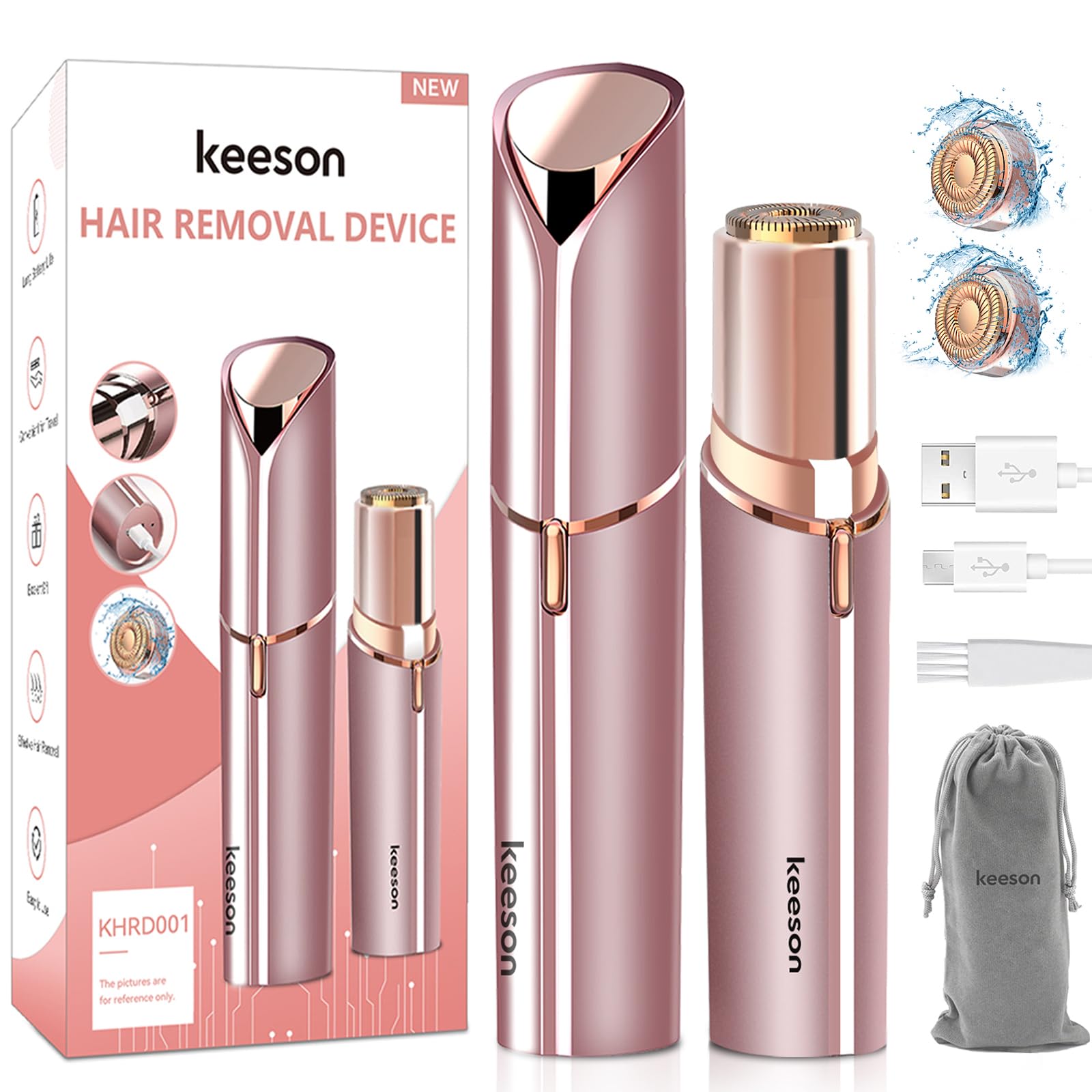 nvxigac Facial Hair Removal for Women, Painless Womens Facial Hair Remover with 2 Replacement Heads, Lipstick-Sized, USB Recharg