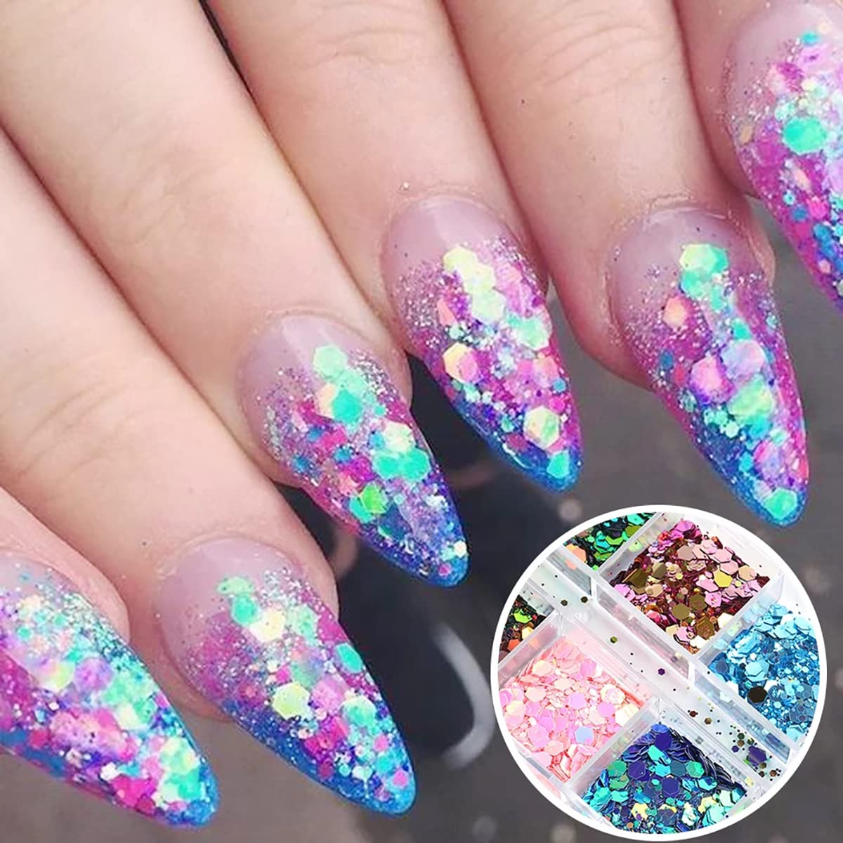 BMKKOT 12 Grids Chameleon Nail Art Sequins - Holographic Glitter Flakes in Blue, Green, Pink, Purple for DIY Acrylic Nails