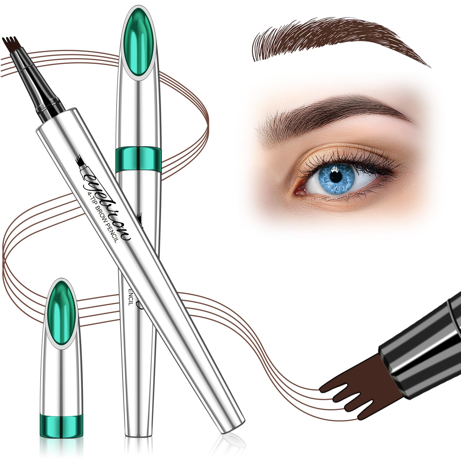 Eyebrow Pencil Microblade Eyebrow Pen - Waterproof Eyebrow Pen 4 Fork Tip Pencil Smudge Proof Long Lasting Brow Pen, Dark Brown