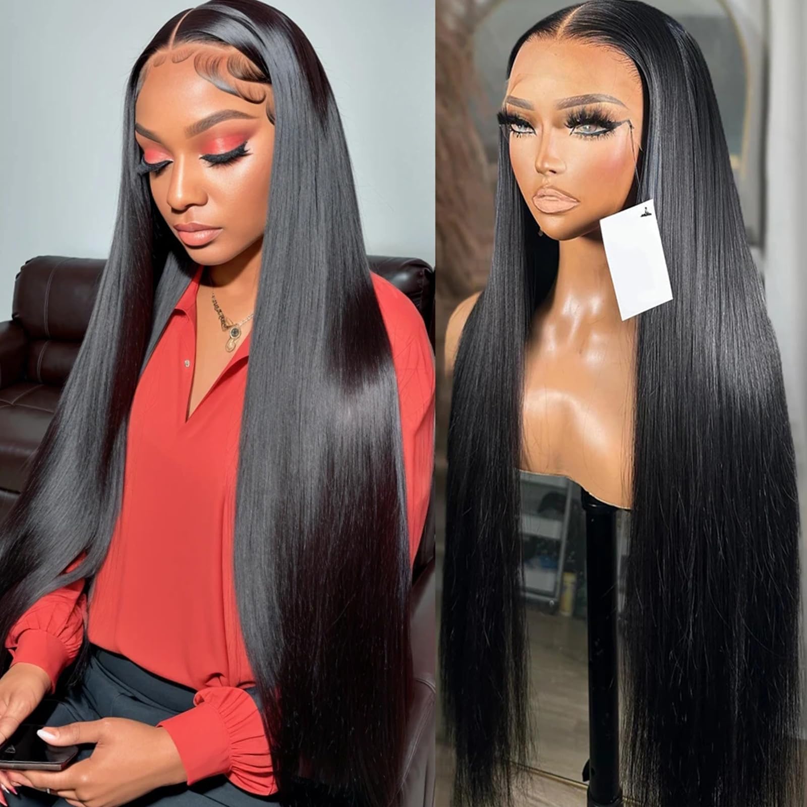 Metamuclia Hair 32 Inch Long Straight Lace Front Wigs Human Hair Pre-Plucked 180% Density 13X4 HD Lace Frontal Human Hair Wigs f