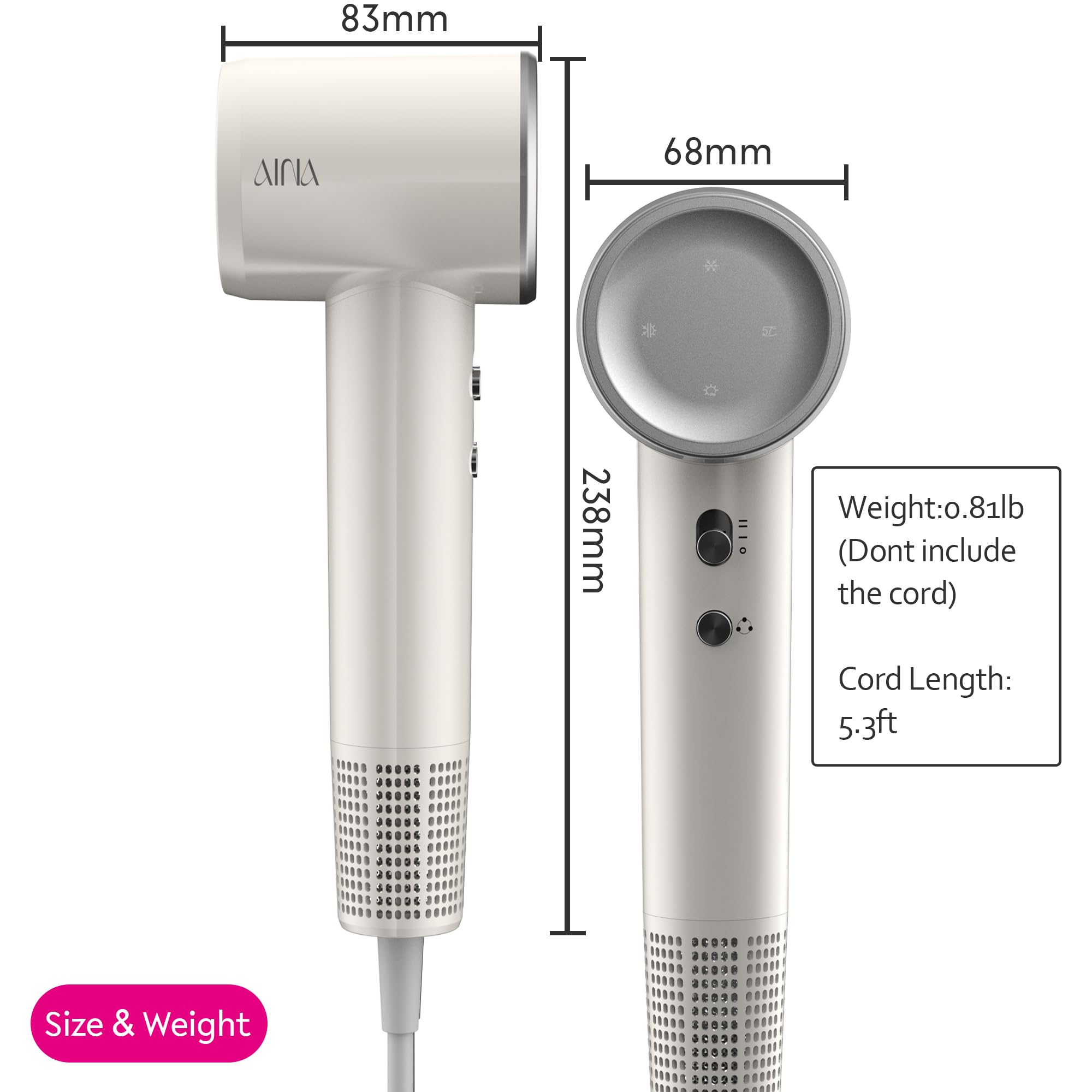 Aina Hair Dryer, Blow Dryer With Diffuser Brush Comb For Women - Bldc Hair Dryer - Brushless Motor, 110,000 Rpm Lightweight, Ion