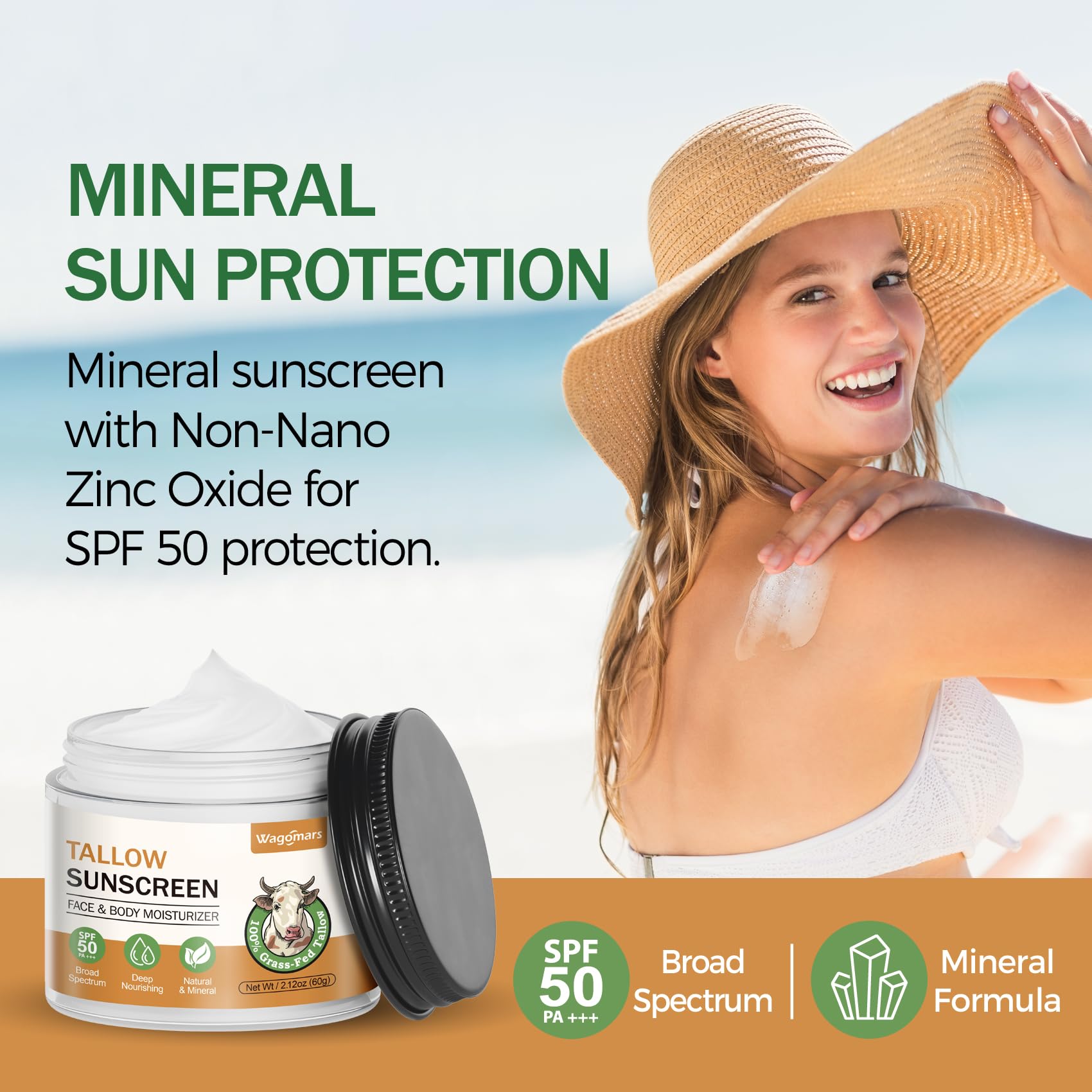 Wagomars Beef Tallow Sunscreen SPF 50 - Organic Mineral Sunscreen with Zinc Oxide - Non-Toxic Natural Sunblock for Face & Body -