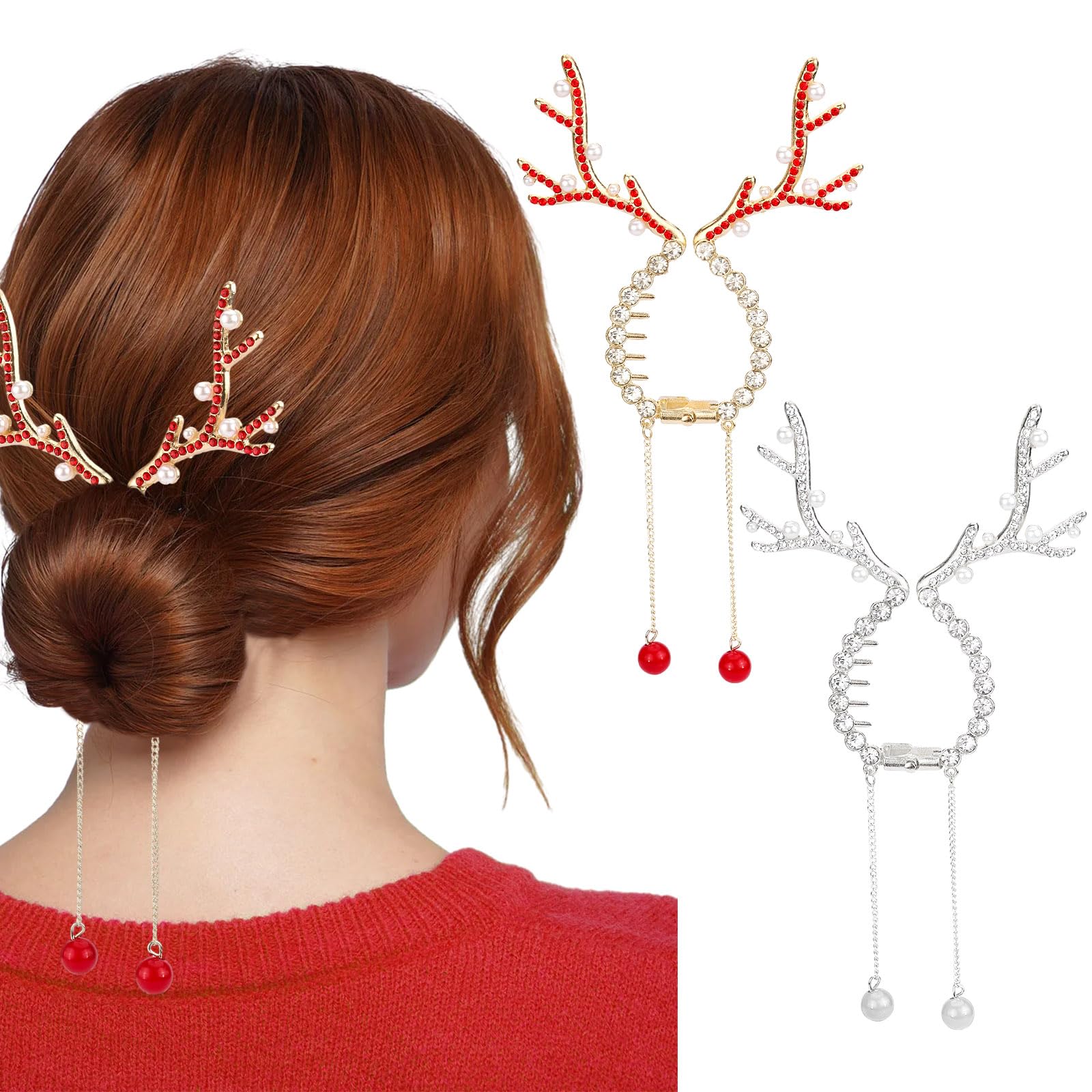 Christmas Hair Accessories, Hapdoo 2Pcs Christmas Reindeer Hair Claw Clips for Women Ponytail Bun Holder, Xmas Holiday Gifts Red