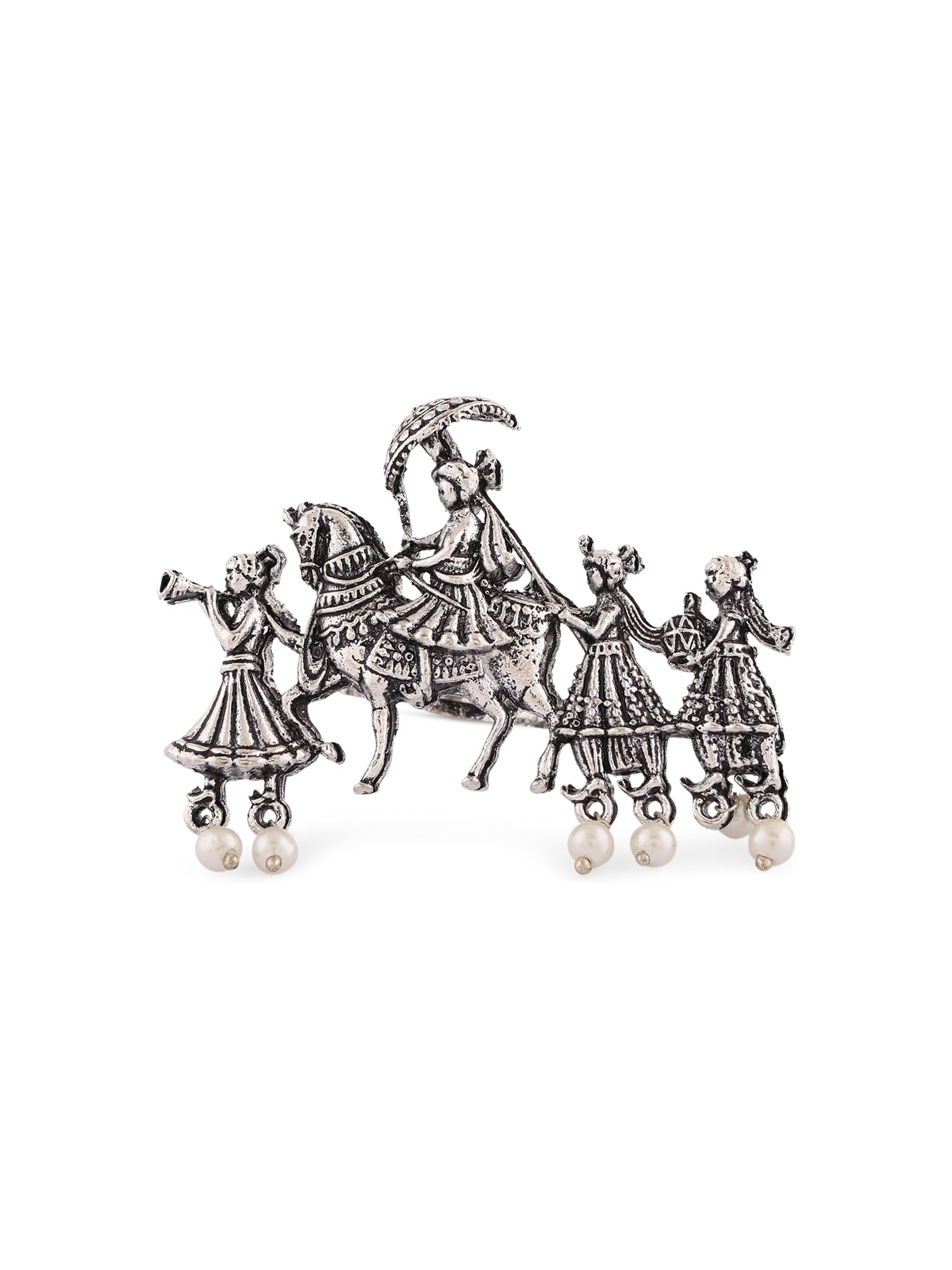Zaveri Pearls Silver Tone Barat Design Antique Oxidised Adjustable Finger Ring For WomenZpfk16650