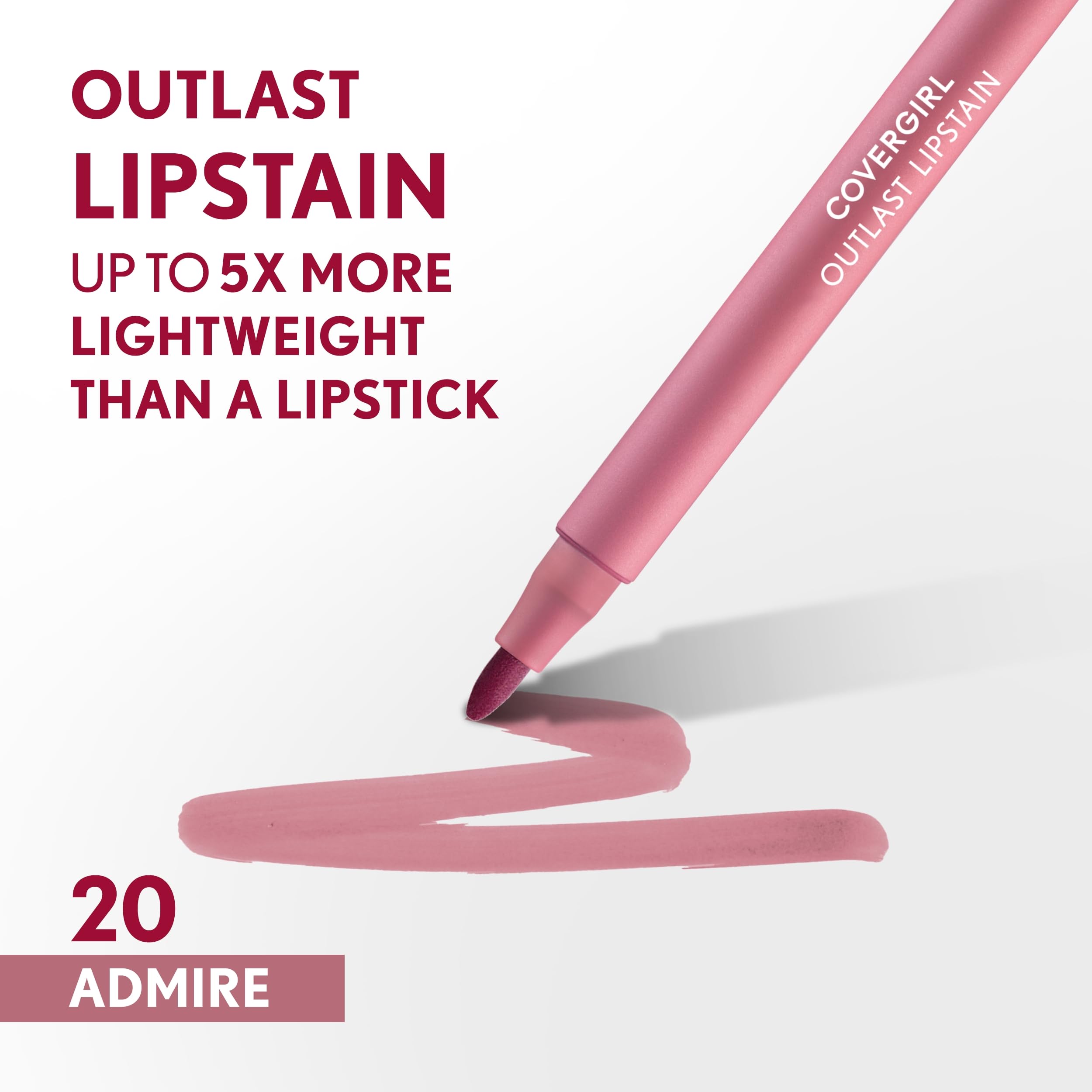 COVERGIRL Outlast, 20 Admire, Lipstain, Smooth Application, Precise Pen-Like Tip, Transfer-Proof, Satin Stained Finish, Vegan Fo