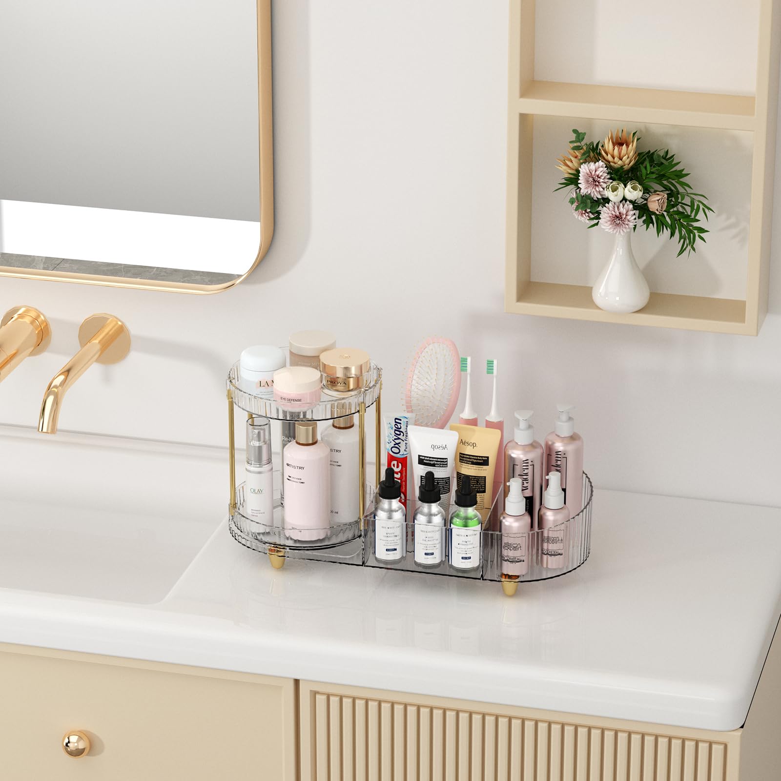 Makeup Organizer Countertop For Vanity, Rotating Perfume Tray With 5-Compartment Cosmetic And Skincare Organizers, Multi-Purpose