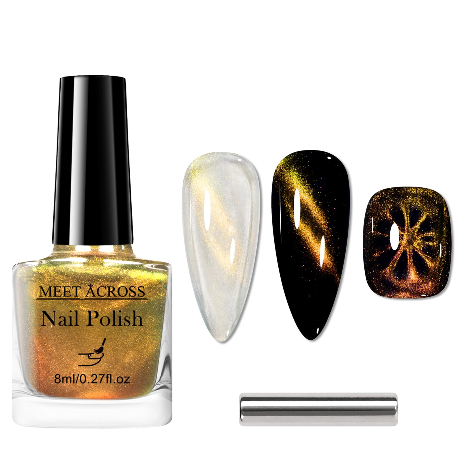 MEET ACROSS Magnetic Cat Eye Nail Polish Glitter Yellow Chameleon Nail Polish with 1 Magnet, Quick Dry