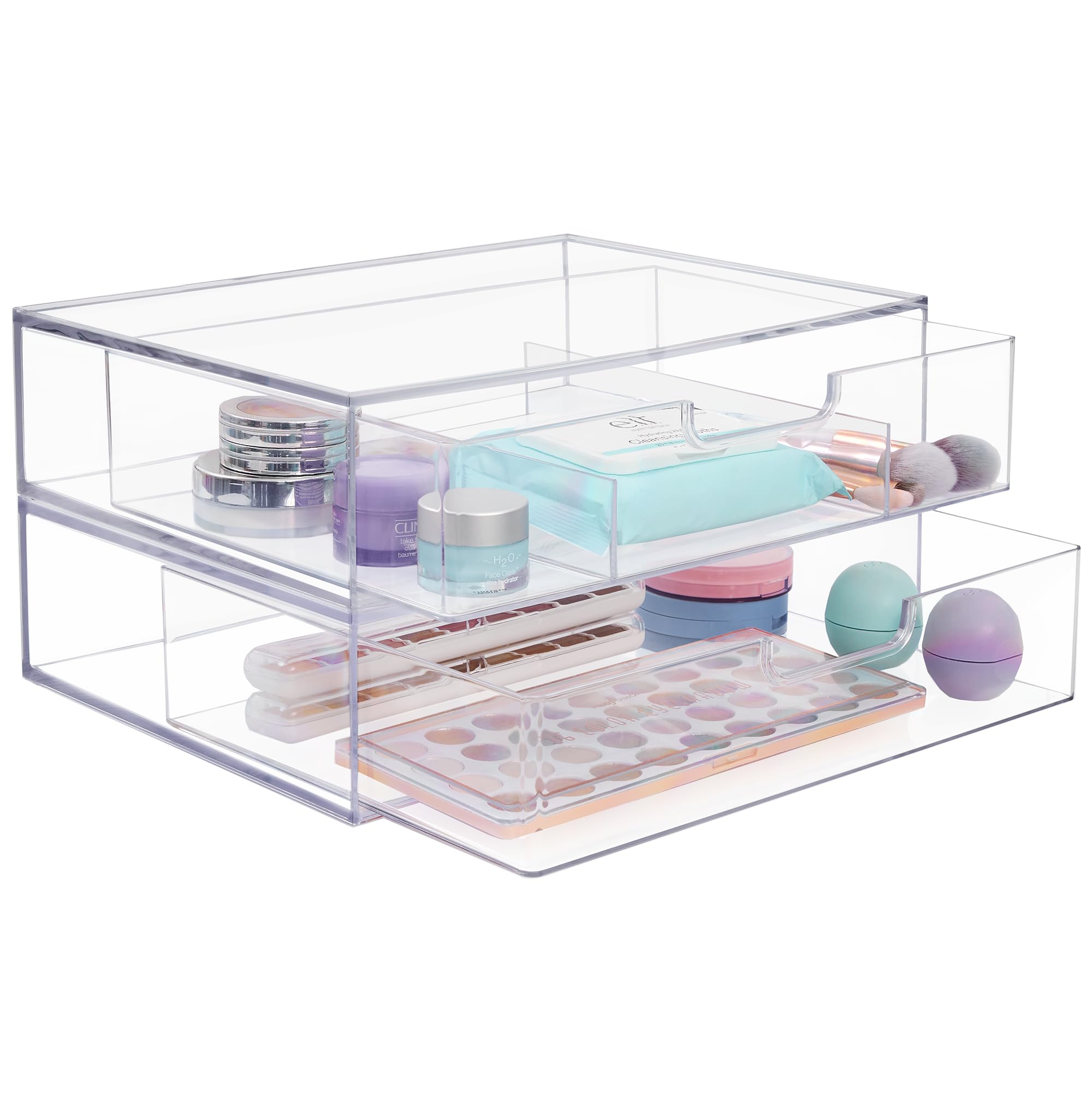 Stori Sofia 12.5    Wide Clear Stackable Open & Divided Storage Drawers, 2 Pack Plastic Organizer Bins For Makeup Palettes, Cosm