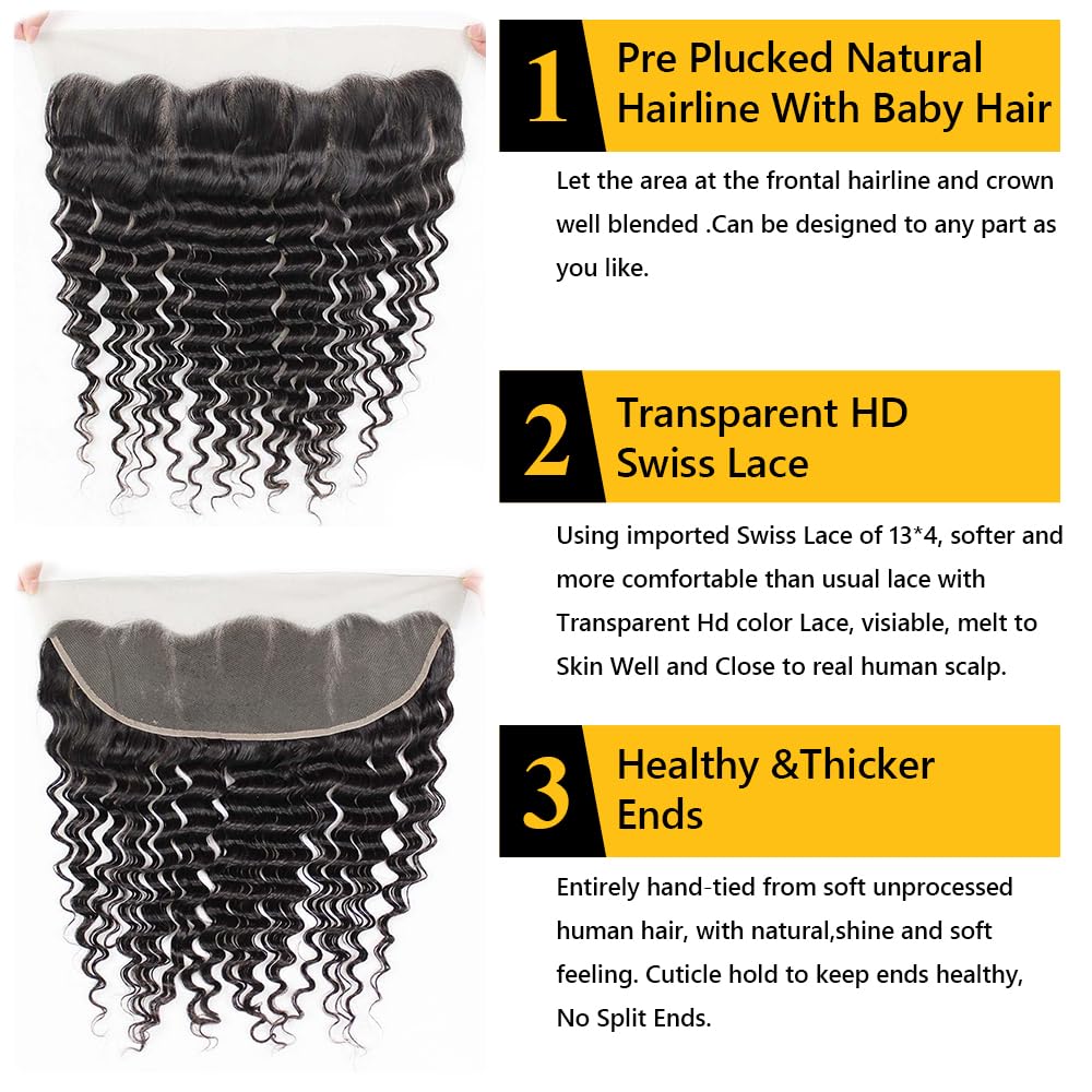 Qthair 10A Ear To Ear 13X4 Deep Wave Frontal Closure Brazilian Hair(18'',Natural Black) Brazilian Deep Wave Frontal Closure Top