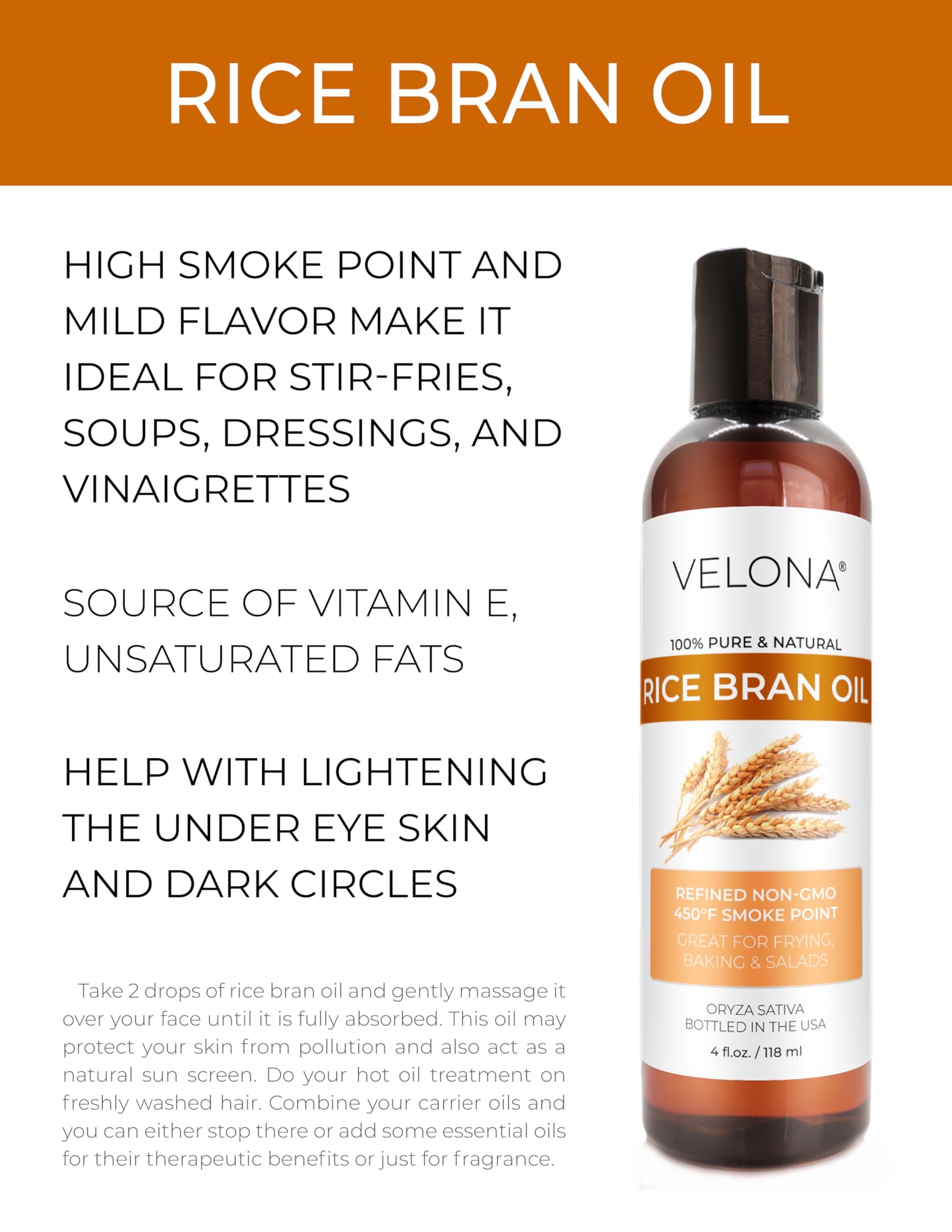 velona Rice Bran Oil 4 Fl Oz | 100% Pure and Natural Carrier Oil | Refined, Cold Pressed | Cooking, Face, Hair, Body & Skin Care