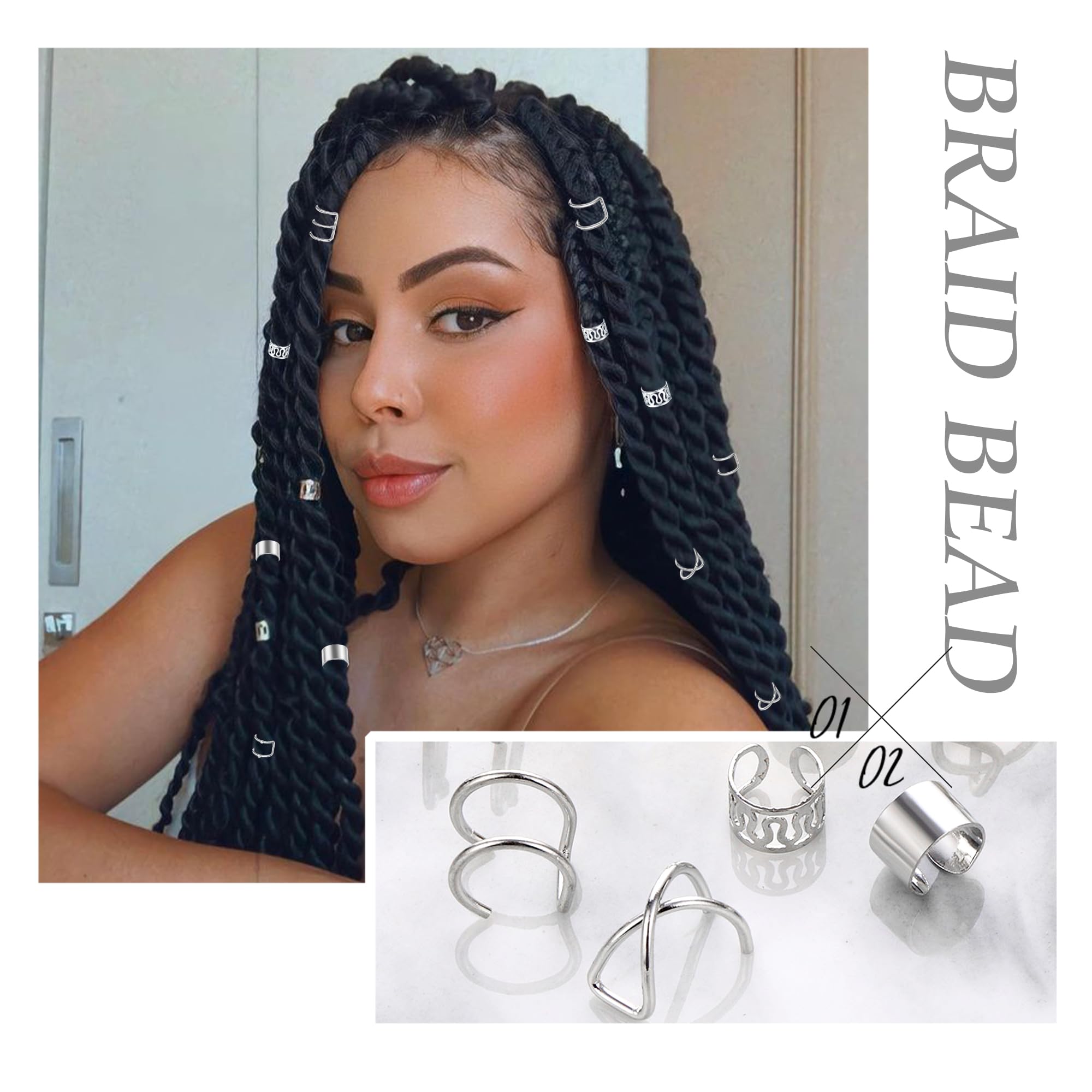 NAISKA 24PCS Hair Jewelry for Braids with Crystal Rhinestone Loc Dreadlock Accessories Metal Alloy Braid Clips Non-Piercing Ear
