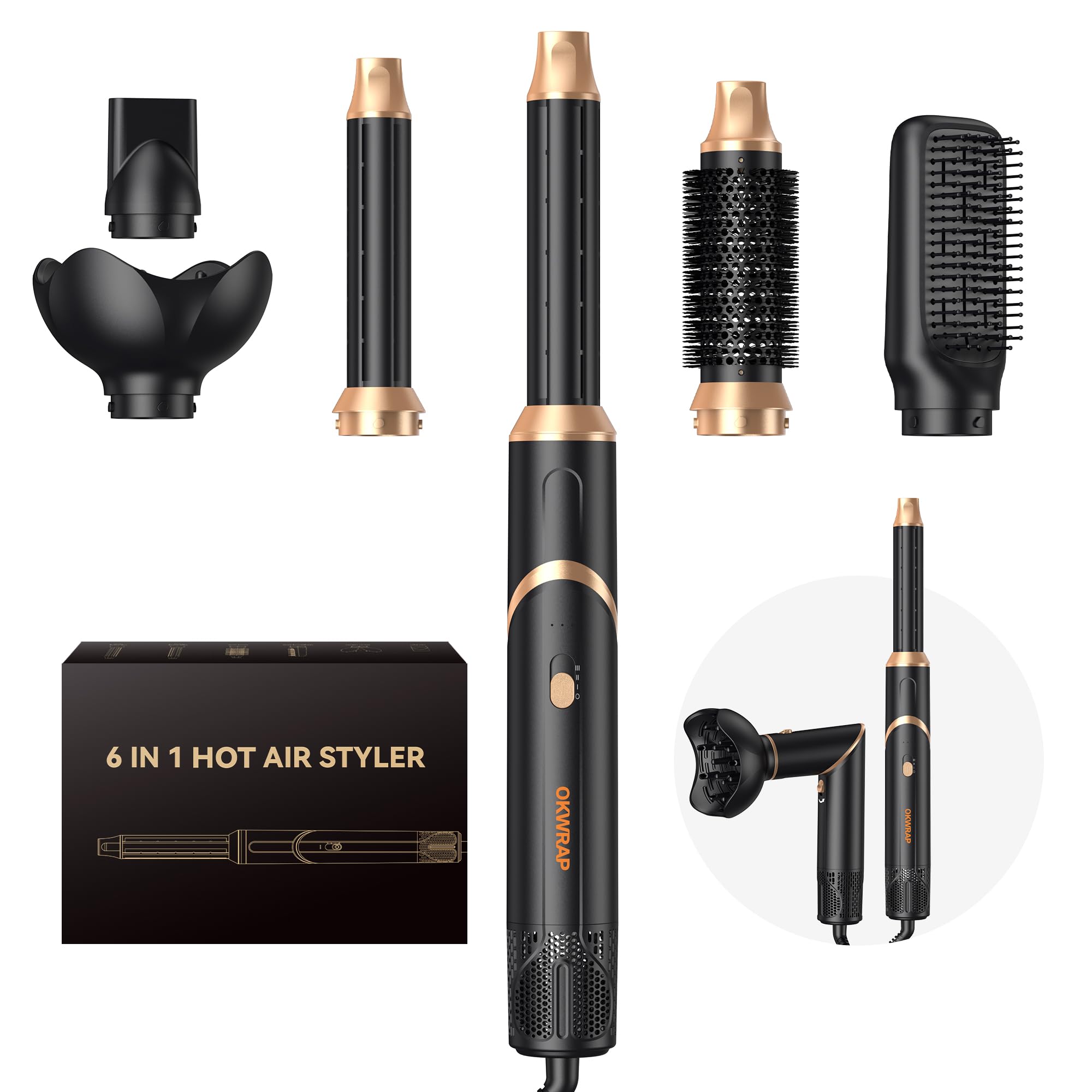 6 in 1 Air Styler & Hair Dryer Brush Set,Foldable Professional Negative Ionic Hair Styling Tools with Diffuser,Detachable Blow D
