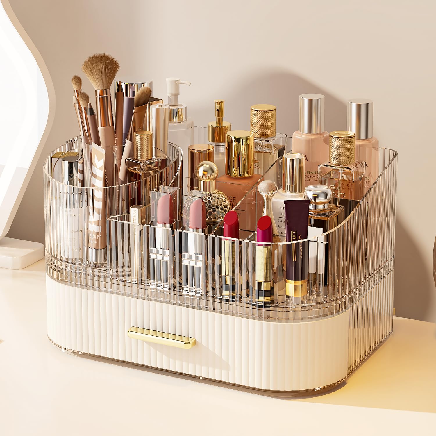 Makeup Organizer with Stackable Drawer, 360 Rotating Makeup Brush Holder, 11-inch Wide Large Cosmetic Display Case, Skincare Org