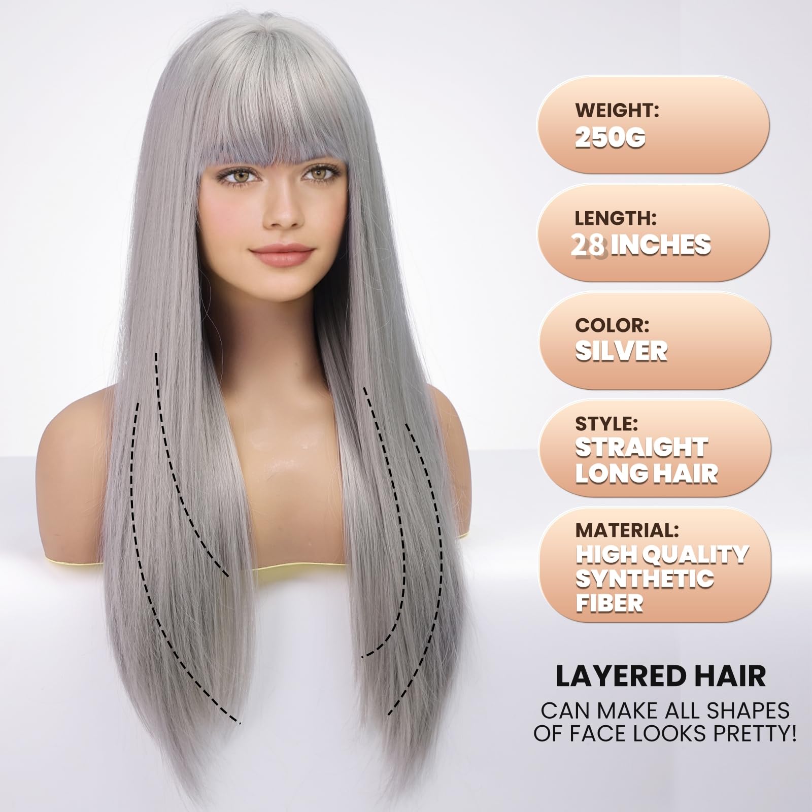 Emmor Grey Wig With Bangs For Women Long Straight Wigs Synthetic Layered Hairstyle For Girls Party Cosplay And Daily Use(26'' Si
