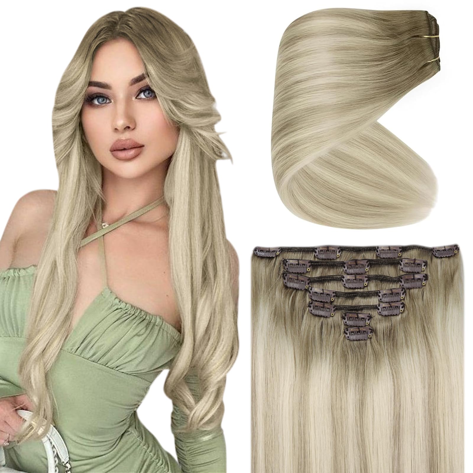 Ve Sunny Blonde Hair Extensions Clip ins Ombre Blonde Clip in Hair Extensions Human Hair Balayage Clip in Real Hair Extensions A