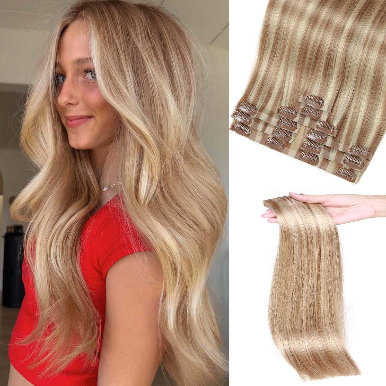 Clip in Hair Extensions Real Human Hair 120G Brown Mixed Bleach Blonde 8PCS