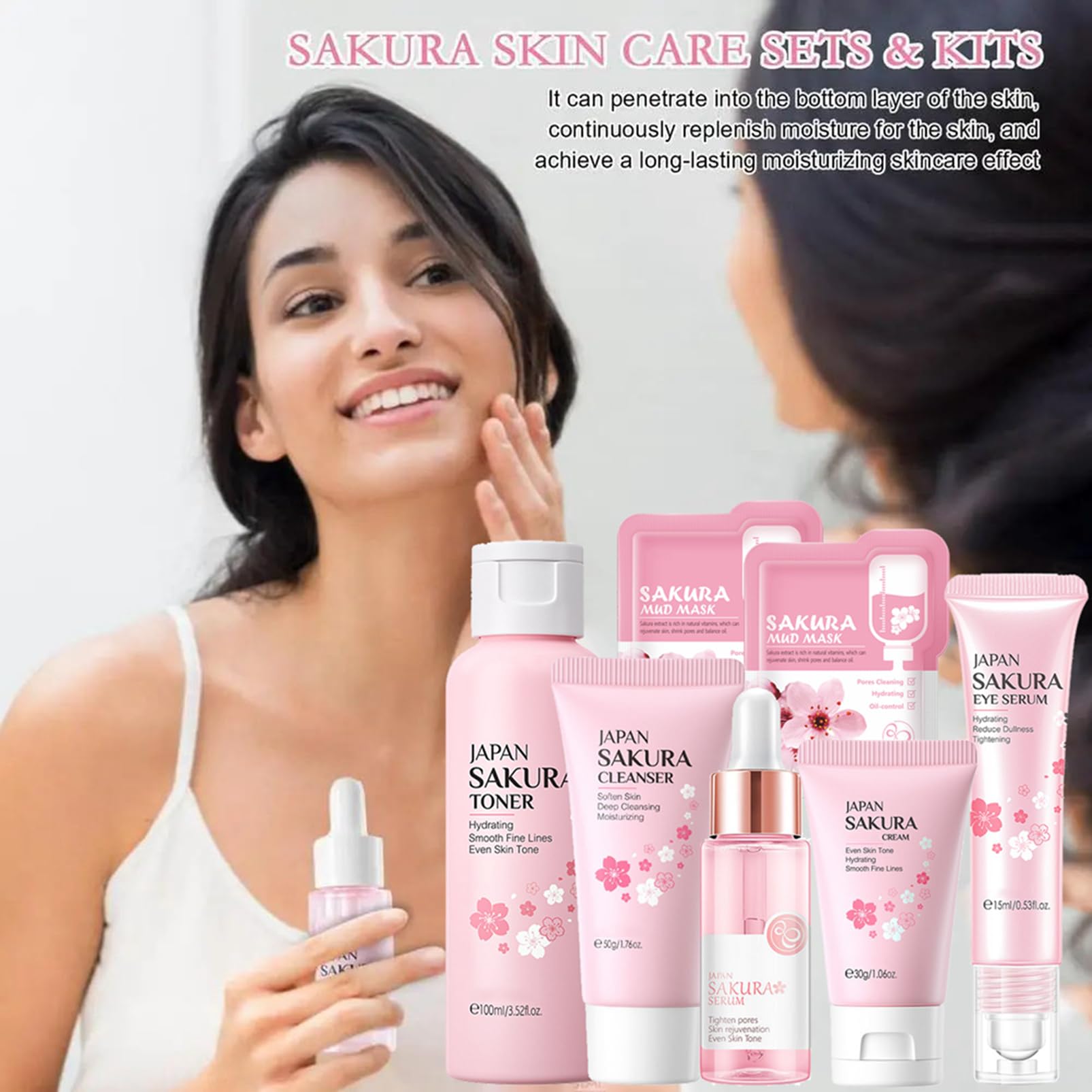 Skin Care Set Sakura Women Beauty Gift Sets Korean Skin Care Kit- Cleanser,Serum,Face Cream,Toner,Eye Cream,Mud Mask-Skin Care R
