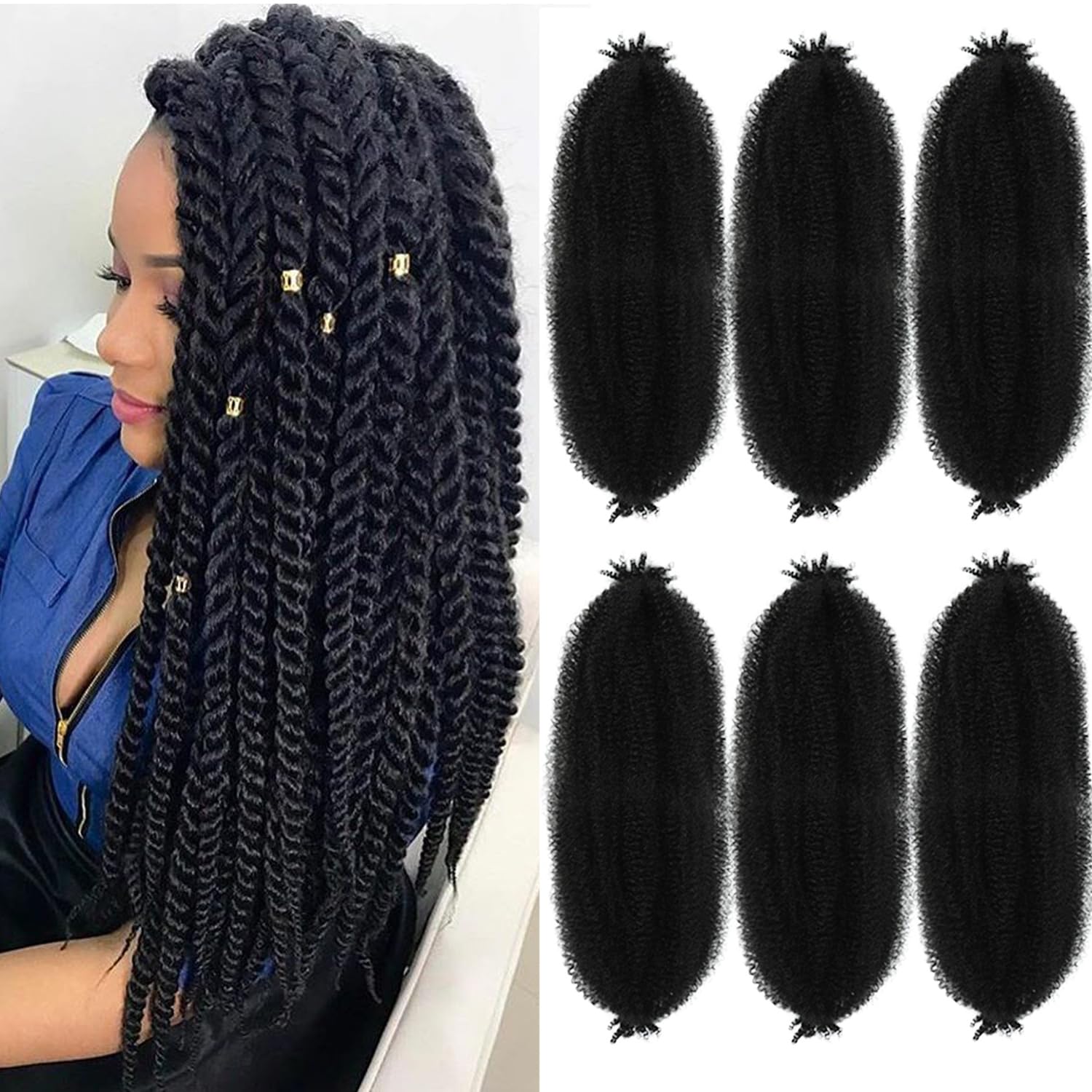 Springy Afro Twist Hair 24 Inch 6 Packs Black Color Pre Fluffed Marley Twist Braiding Hair for Black Women (24 inch 6 Packs, 1B)