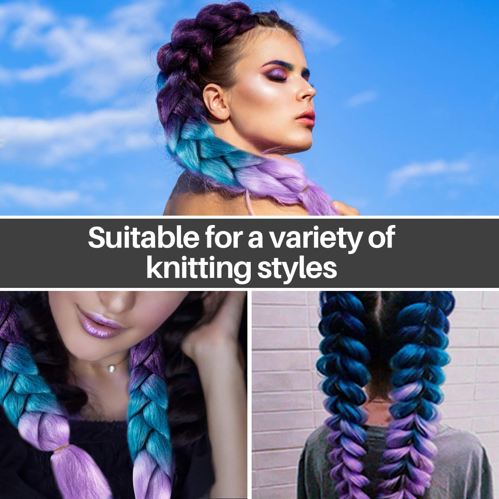 Maqihan 2 Pack Jumbo Braiding Hair - 24Inch Purple-Lake Blue-Light Purple Braiding Hair Synthetic Hair Extensions Rainbow Braidi