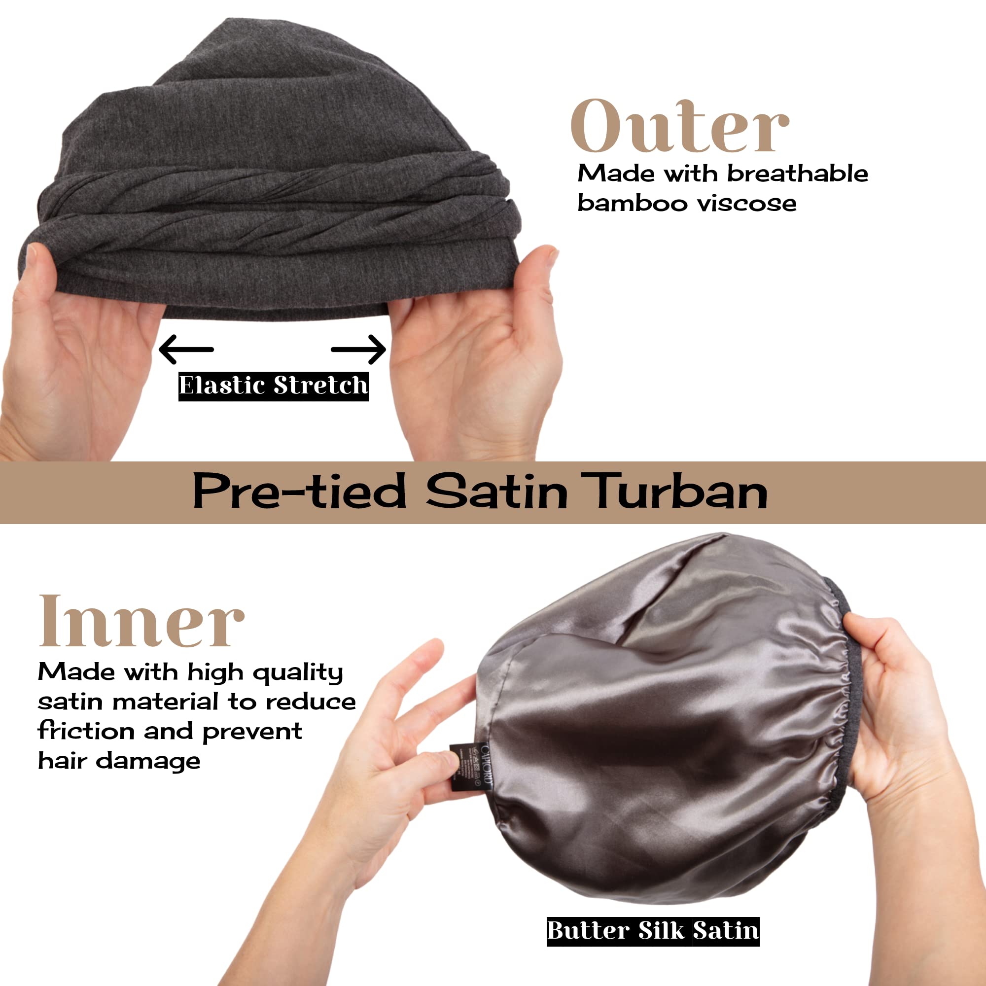 CAPLORD Silk Satin Lined Turban for Men & Women, Medium, Dark Gray, Pre-Tied Skull Cap, Sleeping Bonnet, Hair Wrap