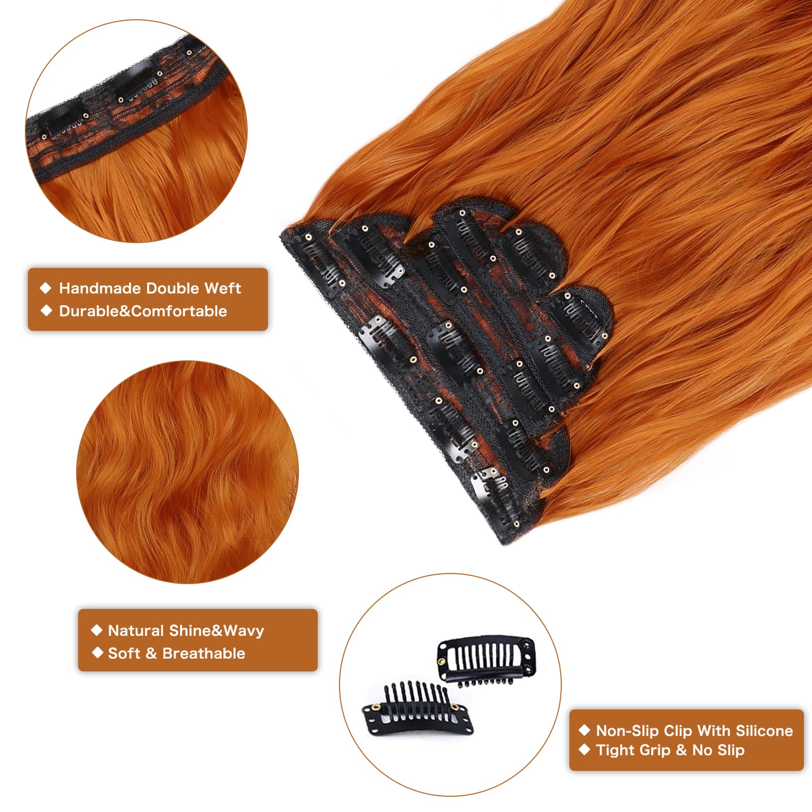 Wecan Clip In Hair Extension 24 Inch Ginger 6Pcs Long Wavy Curly Hairp ...