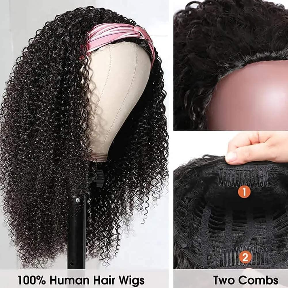 Nadula Hair Afro Kinky Curly Half Wigs Human Hair For African American Women, 100% Virgin Human Hair Headband Curly 3/4 Half Wig