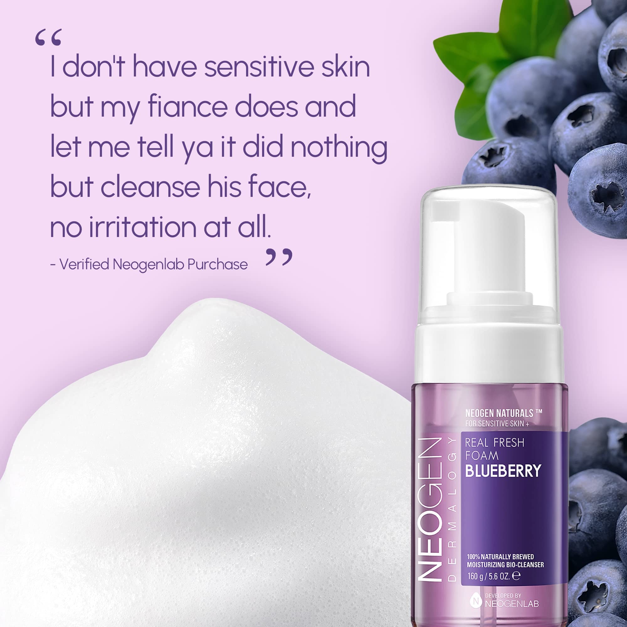 DERMALOGY by NEOGENLAB Real Fresh Foam Cleanser, Blueberry 5.6 Fl Oz (160g) - Hydrating Gentle Cleansing Foam with Real Blueberr