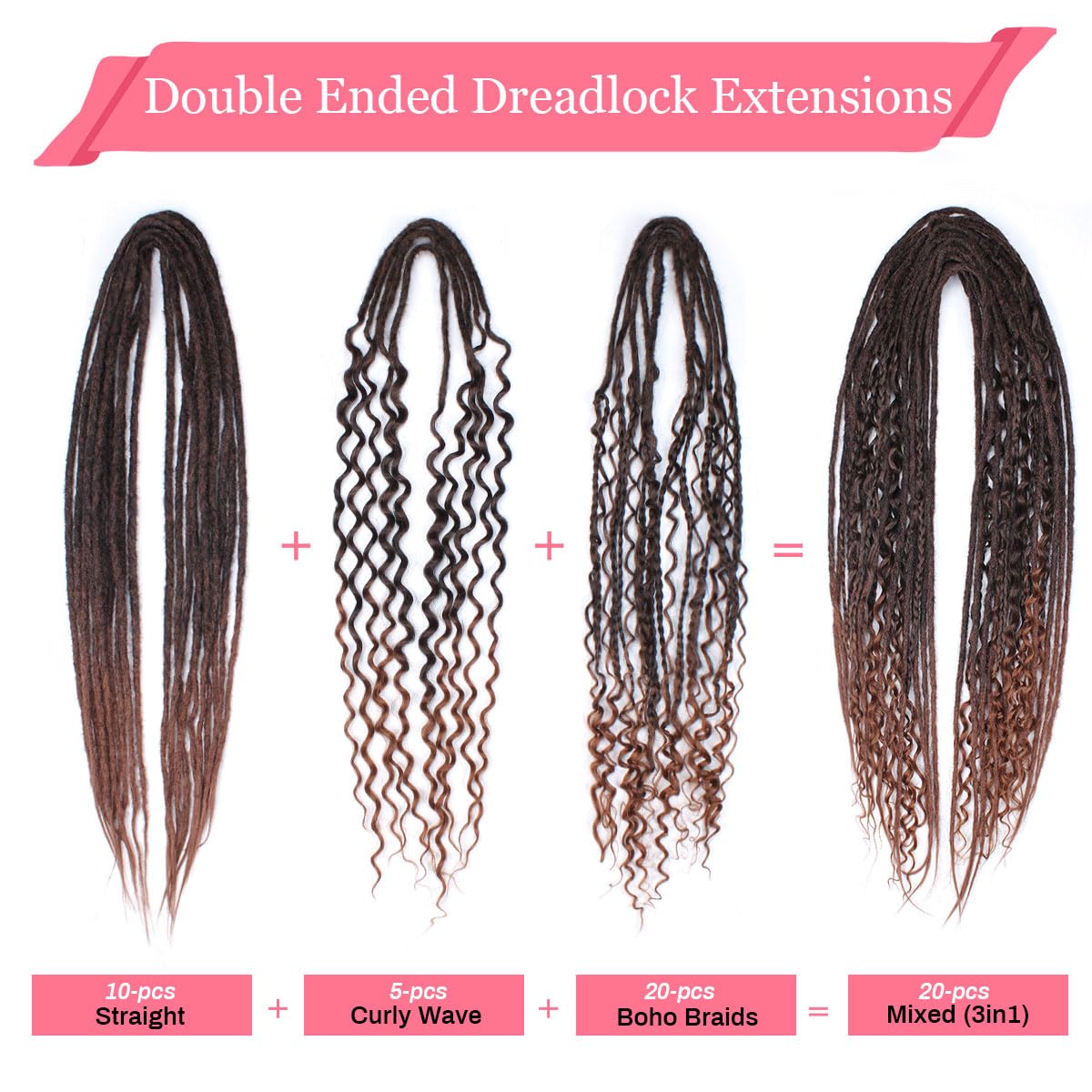 Kraler 24 Inch Mixed De Dreadlock Extensions Sets, 3 In 1 20 Strands Synthetic Double Ended Dreads Extensions, Auburn Hippie Cro
