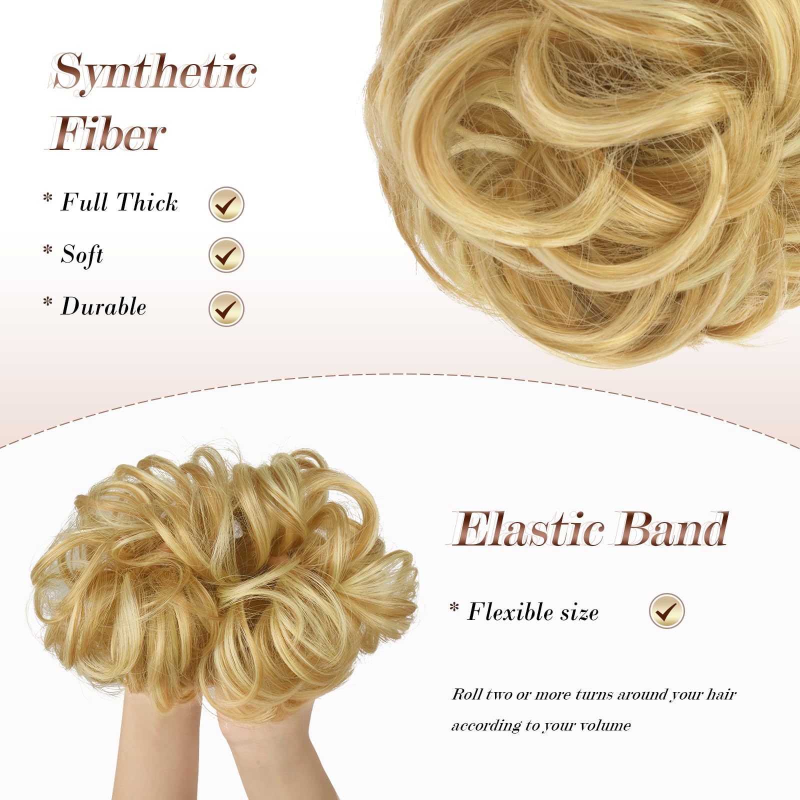 FESHFEN Messy Bun Hair Piece Curly Wavy Large Hair Bun Scrunchies Extensions Synthetic Strawberry Blonde & Bleach Blonde Tousled