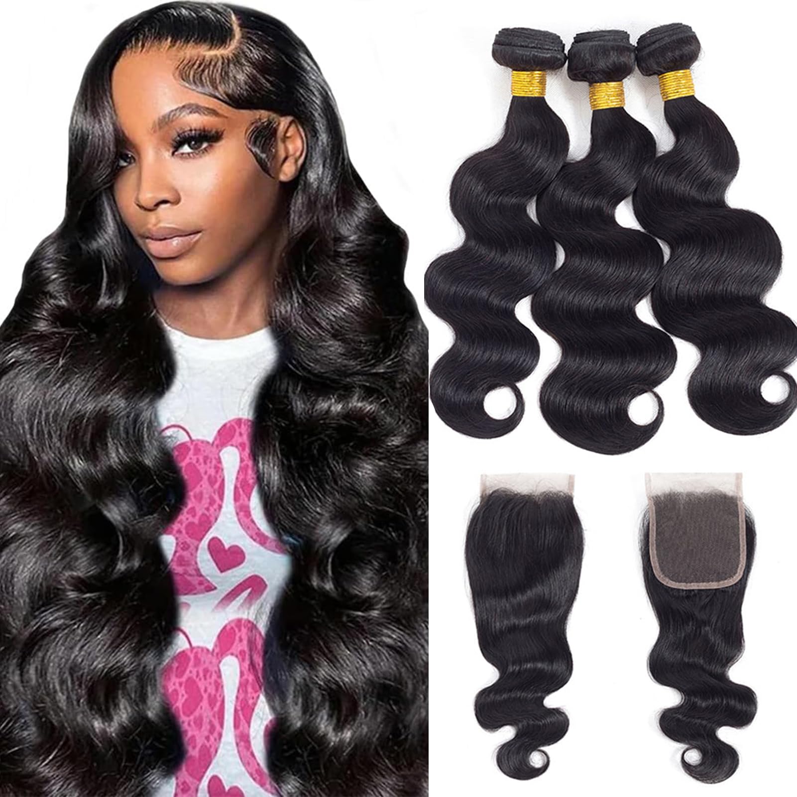 12A Body Wave Bundles With Closure Human Hair (24 26 28+22'') 100% Unprocessed Brazilian Virgin Human Hair Bundles With 4X4 Lace