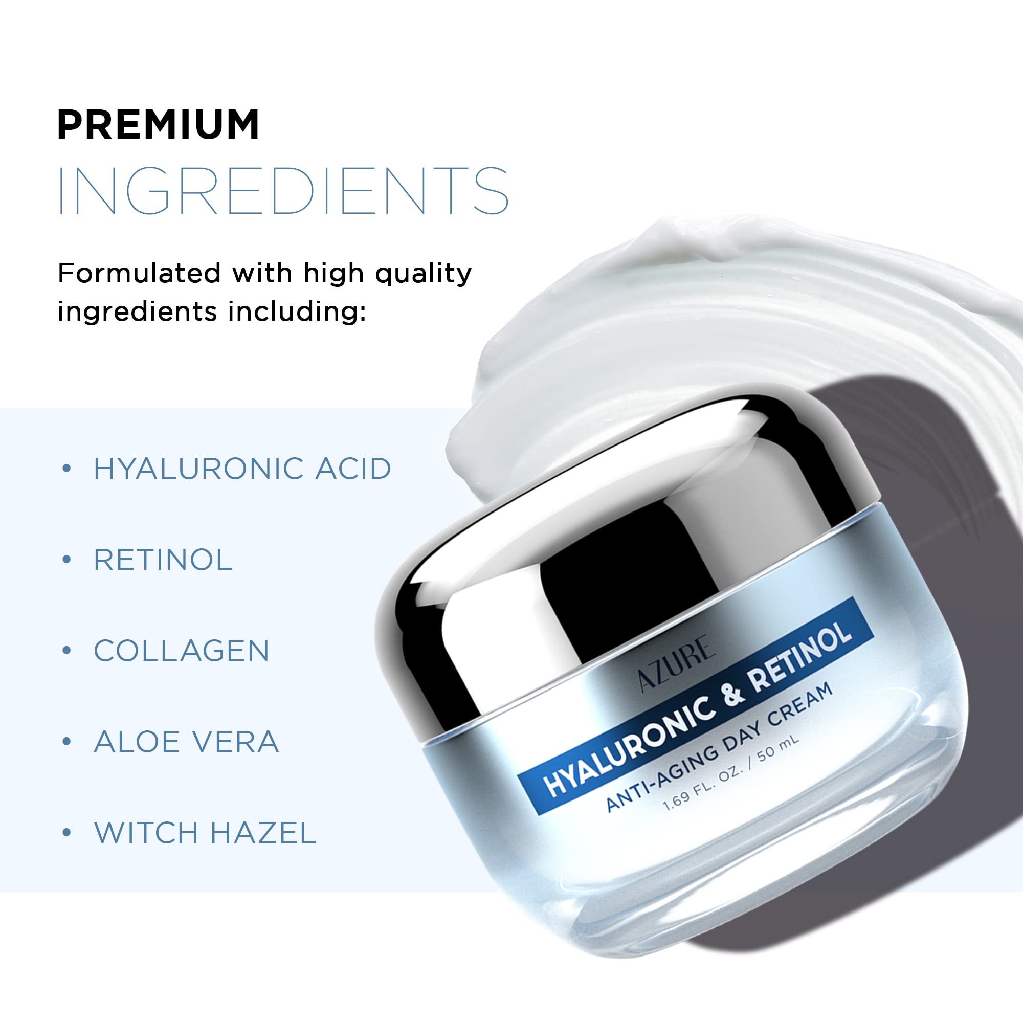 Azure Hyaluronic & Retinol Anti Aging Day Cream - Rejuvenating & Hydrating | Reduces Wrinkles, Creases & Fine Lines | Evens Skin
