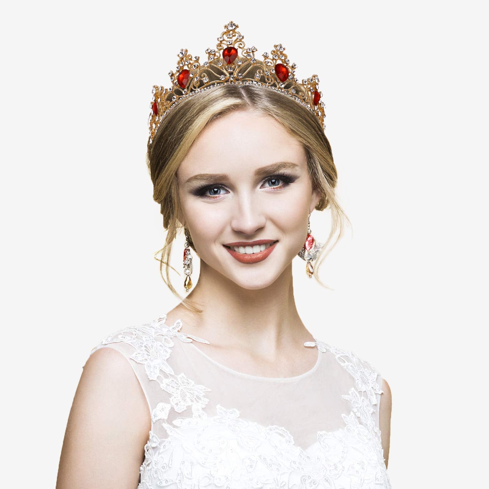 Minkissy Gemstone Crown Crystal Rhinestone Tiara Crown Queen Princess Pageant Crown Tiara Hair Accessory for Wedding Party Red